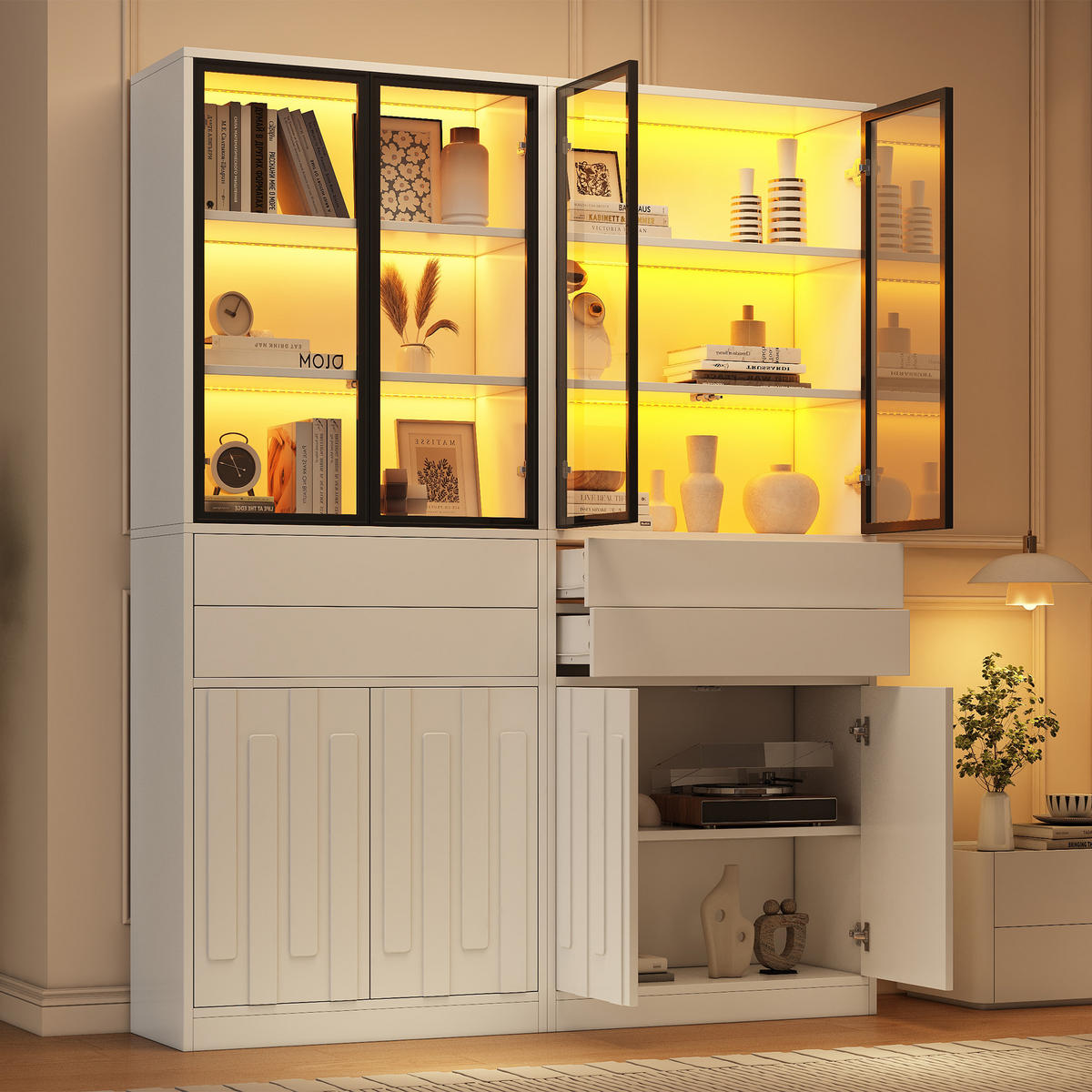 VITRINE 2er-Set 140x34x180 cm Weiß LED Glastüren - Weiß, Holzwerkstoff (140/180/34cm) - FLIEKS