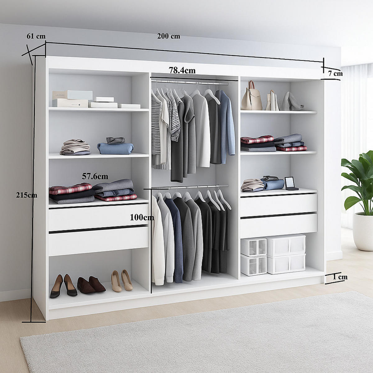 SCHWEBETÜRENSCHRANK Rafi mit Spiegel und mit geriffelten Fronten, 200 cm, Weiß+Schwarz - Schwarz/Weiß, Holzwerkstoff (200/215/61cm) - AN-Moebel 4u