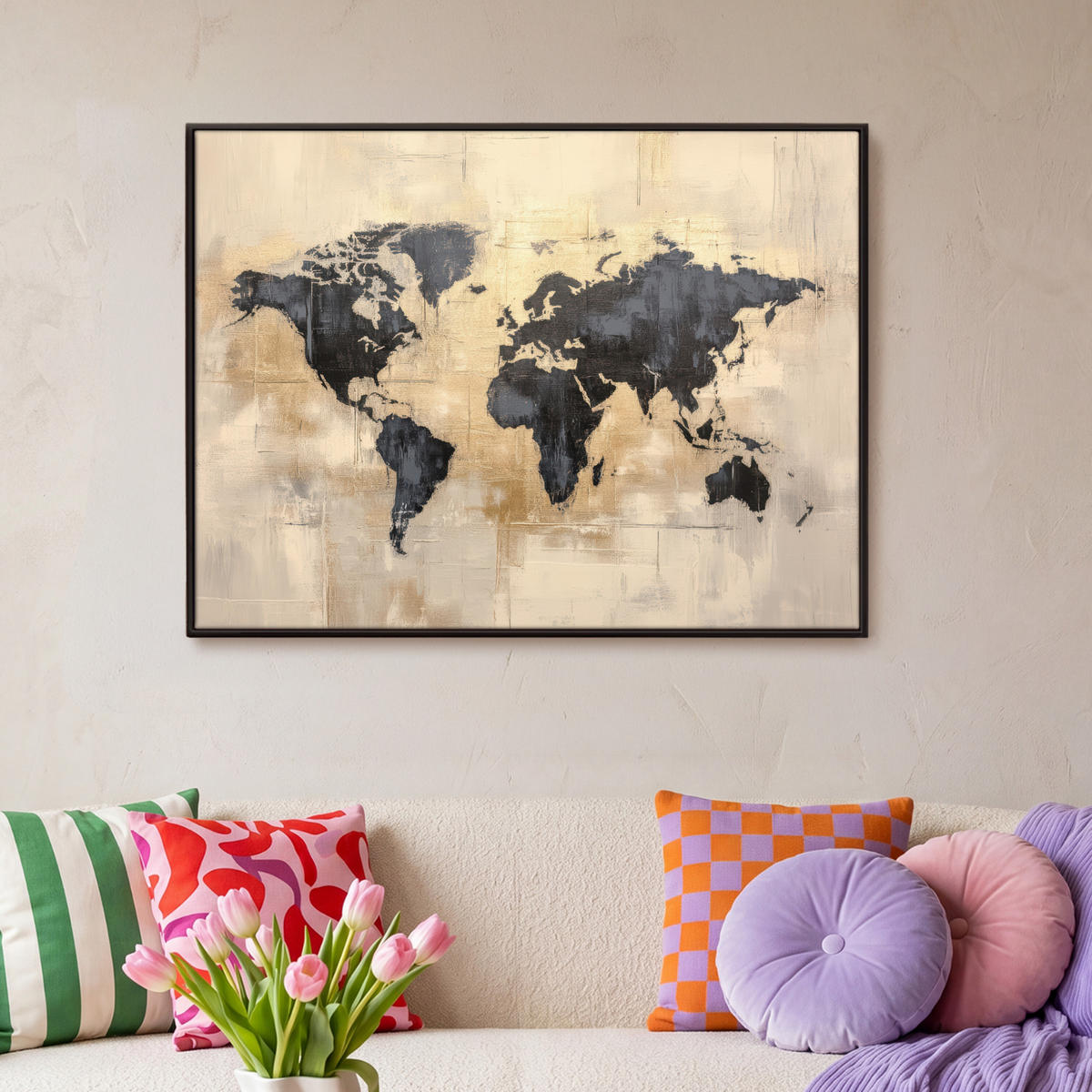 LEINWAND Bilder mit Rahmen - Weltkarte - Gold - Schwarz - Abstrakt - 100x70 - Kupferfarben, Textil (100/70cm) - MuchoWow
