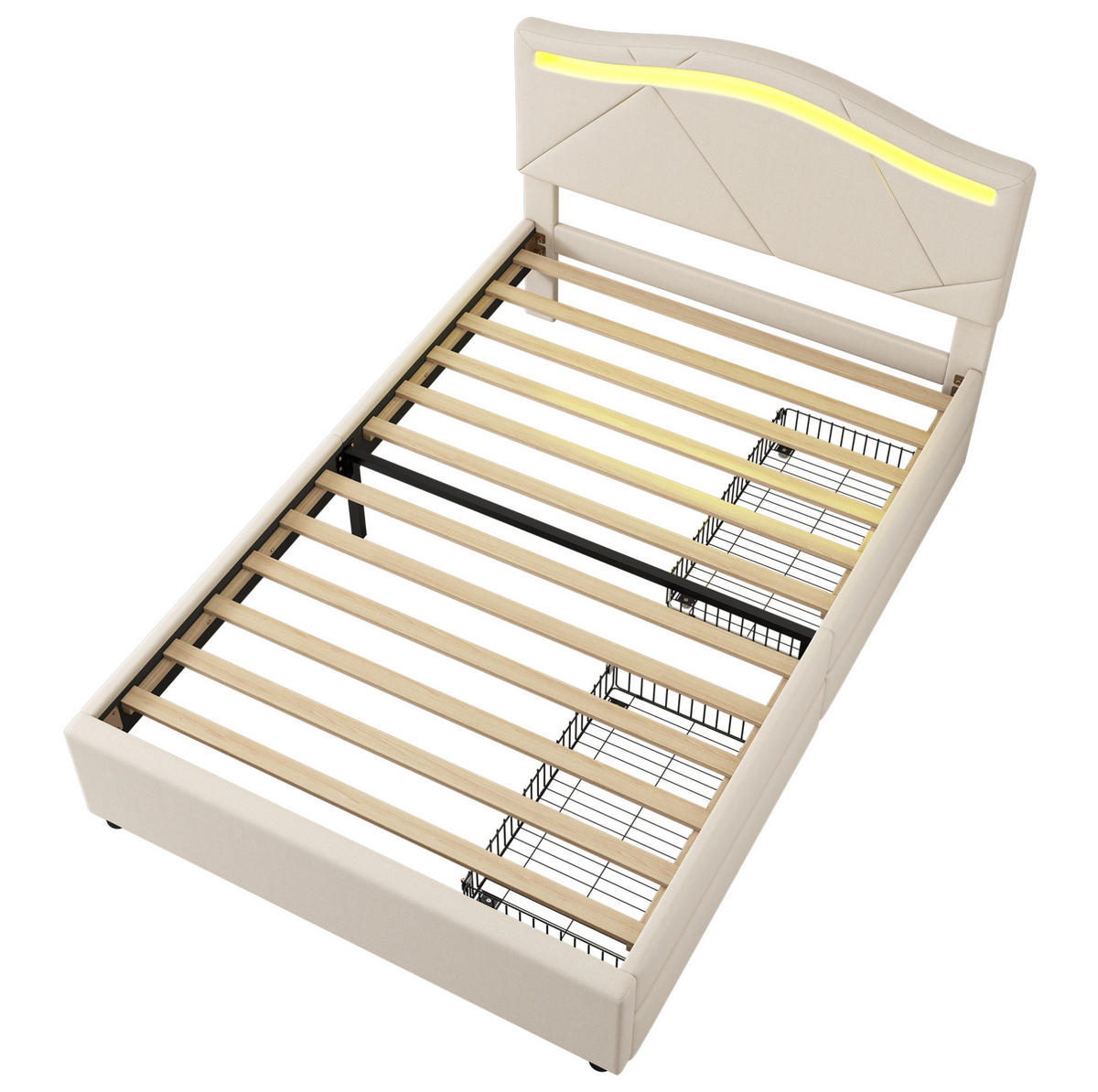POLSTERBETT aus Leinen und MDF 90x200 cm Beige mit LED-Beleuchtung, 2 Schubladen und verstellbarem Kopfteil - Beige, Textil (90/200cm) - IVMEU