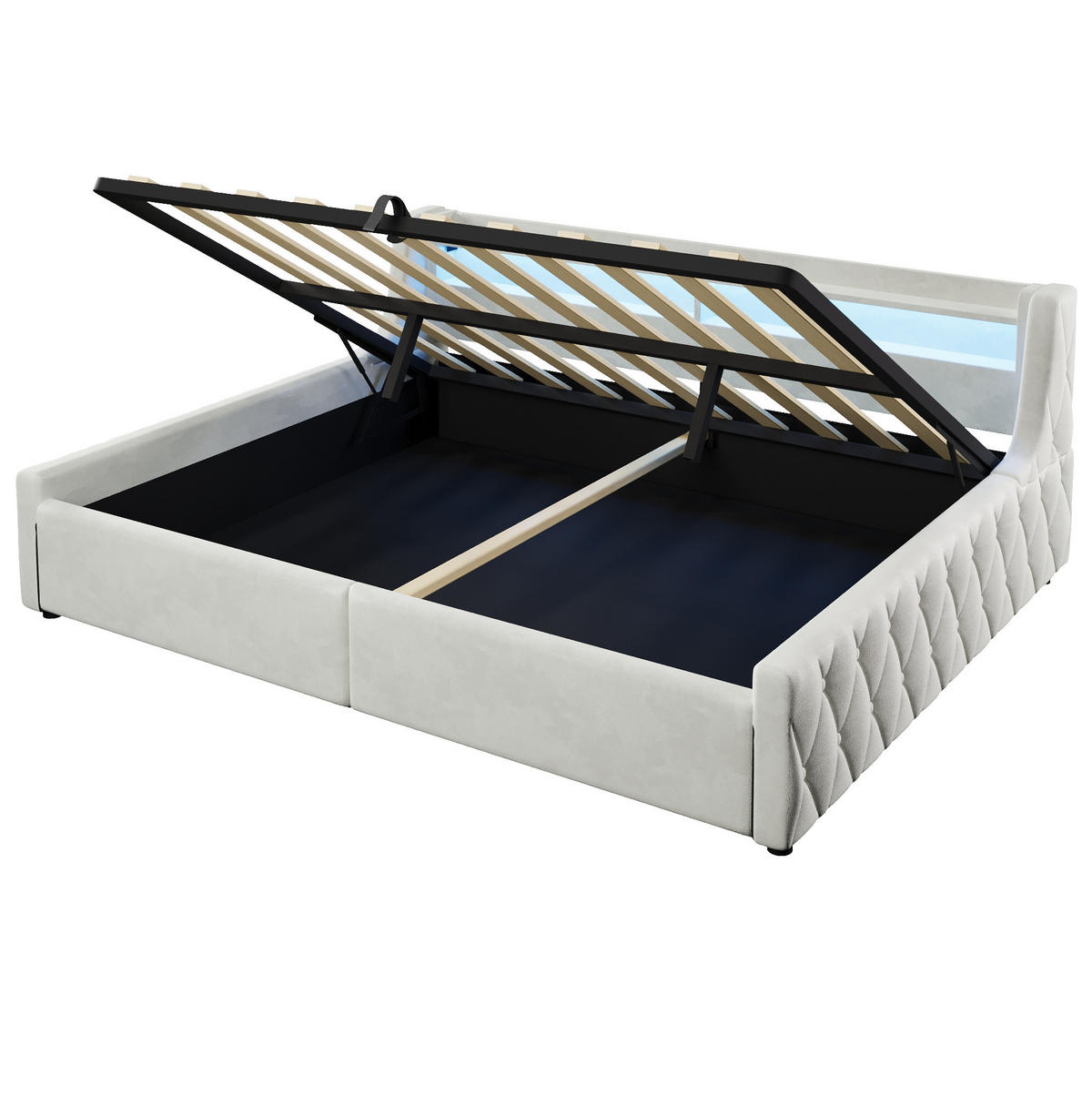 POLSTERBETT 140x200 cm in Offwhite mit LED-Kopfteil und hydraulischem Bettkasten - Creme, Textil (140/200cm) - IVMEU