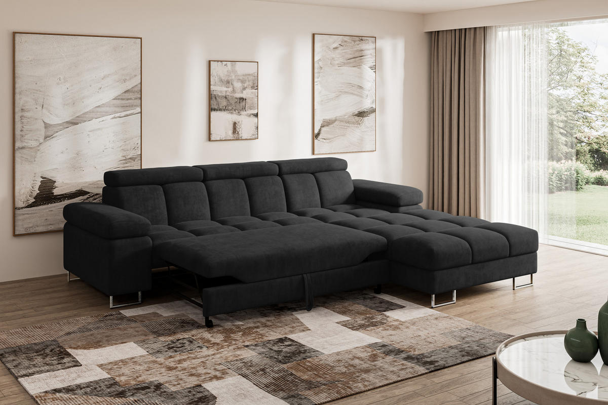 ECKSOFA mit Schlaffunktion Ottomane Rechts COMA L 271x203x79 Schwarz Velours - Schwarz, Holzwerkstoff/Textil (203/271cm) - ALTDECOR