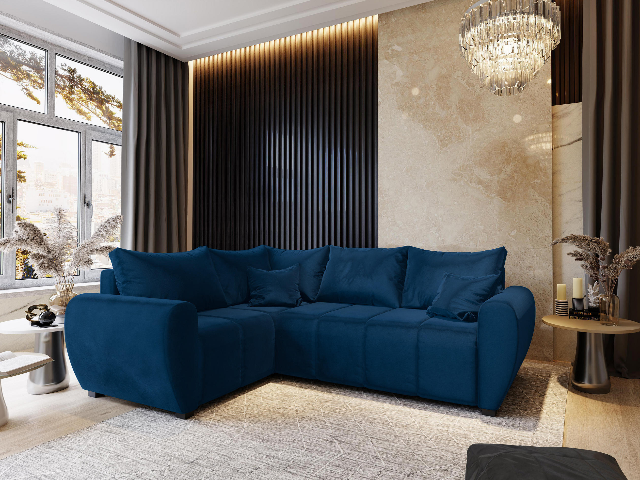 ECKSOFA MADISON L L-S Blau Plüsch-Stoff mit Schlaffunktion - Blau, Holz (235/175cm) - MASSENO