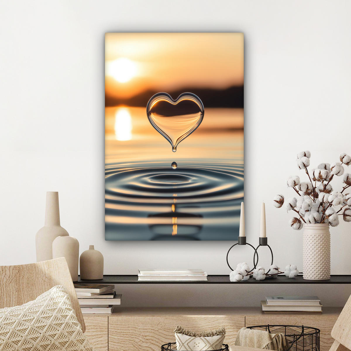 LEINWANDBILD - Herz - Wasser - Sonnenuntergang - Natur - Zen - 40x60 - Deko Schlafzimmer - Bernsteinfarben, Textil (40/60cm) - MuchoWow
