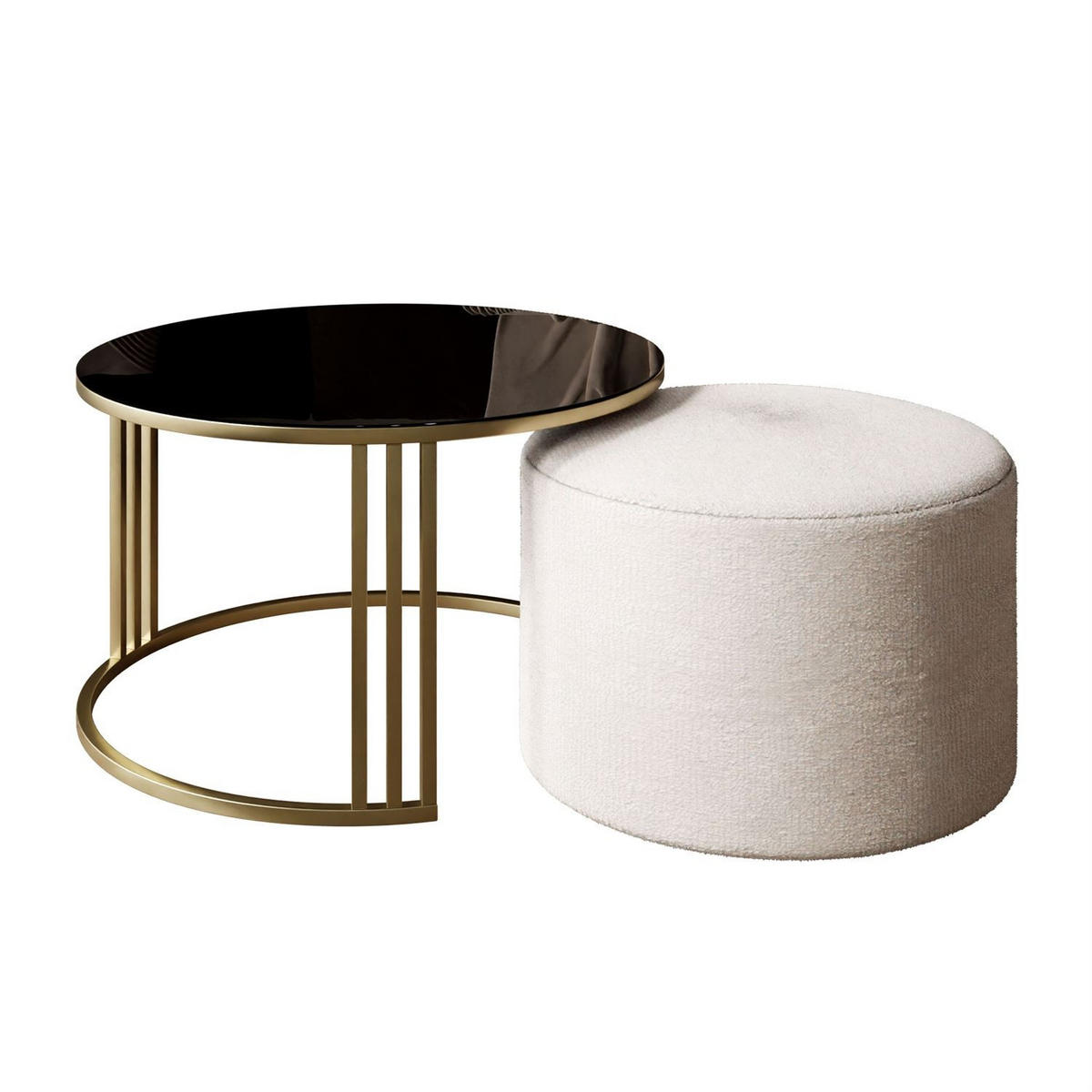 COUCHTISCH mit Hocker LORI GLASS gebürstetes Gold/schwarzes Glas/Perfect Harmony 01 - Weiß, Metall (70/70/49cm) - Lookway