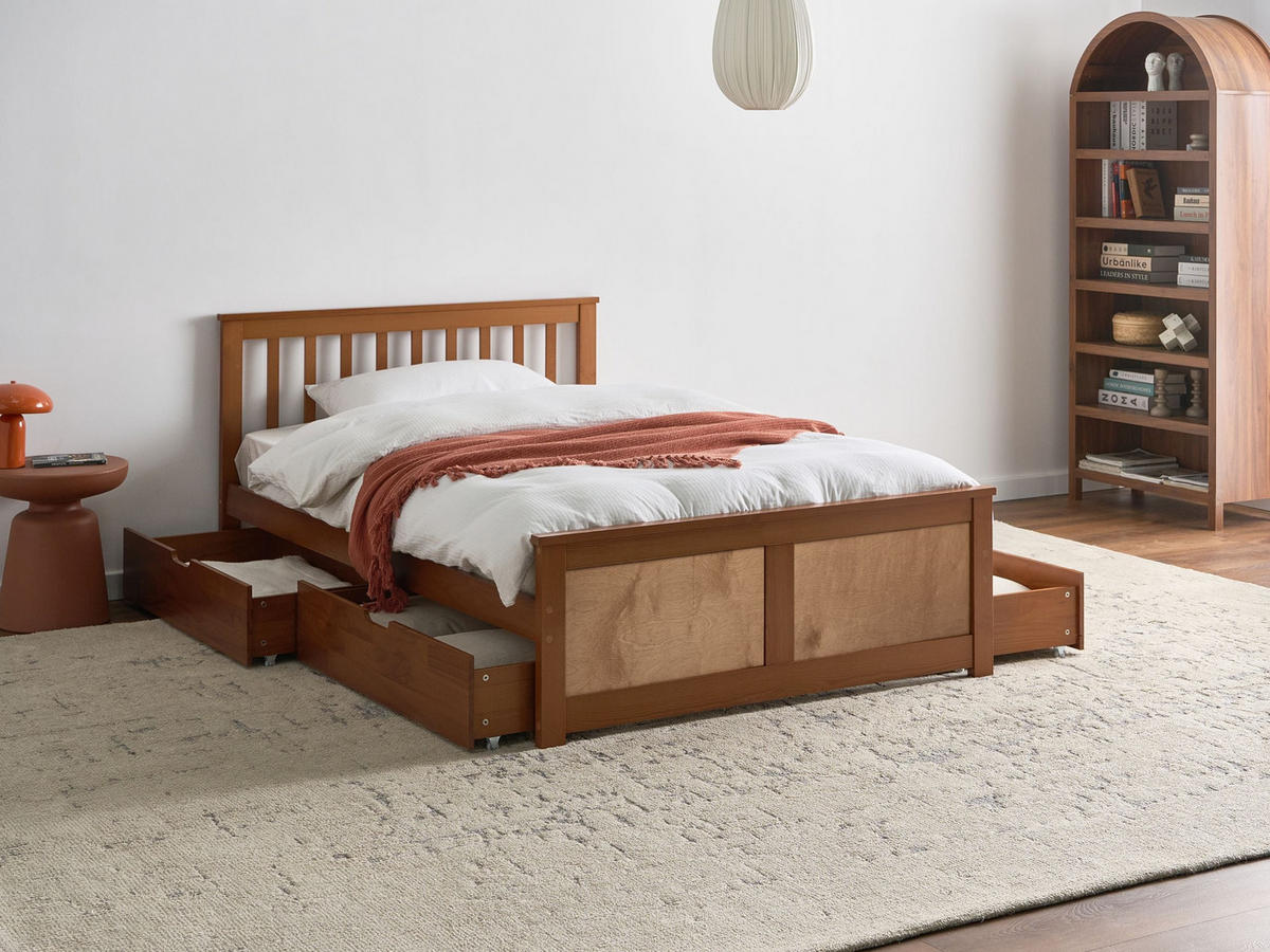 POSTEL s 4 zásuvkami 120/200 cm Borovicové dřevo Hnědá Olendon - hnědá, dřevo (120/200cm) - Beliani