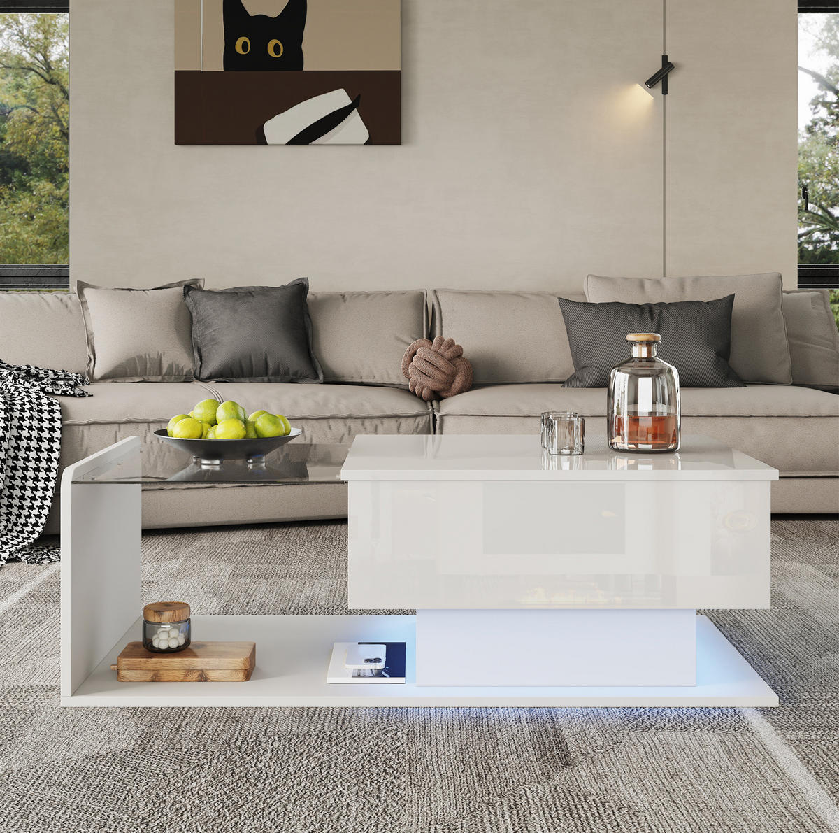COUCHTISCH höhenverstellbar 100 x 50 cm Hochglanz White mit Glasplatte - Weiß, Holzwerkstoff (100/50/47.5cm) - Meubliv