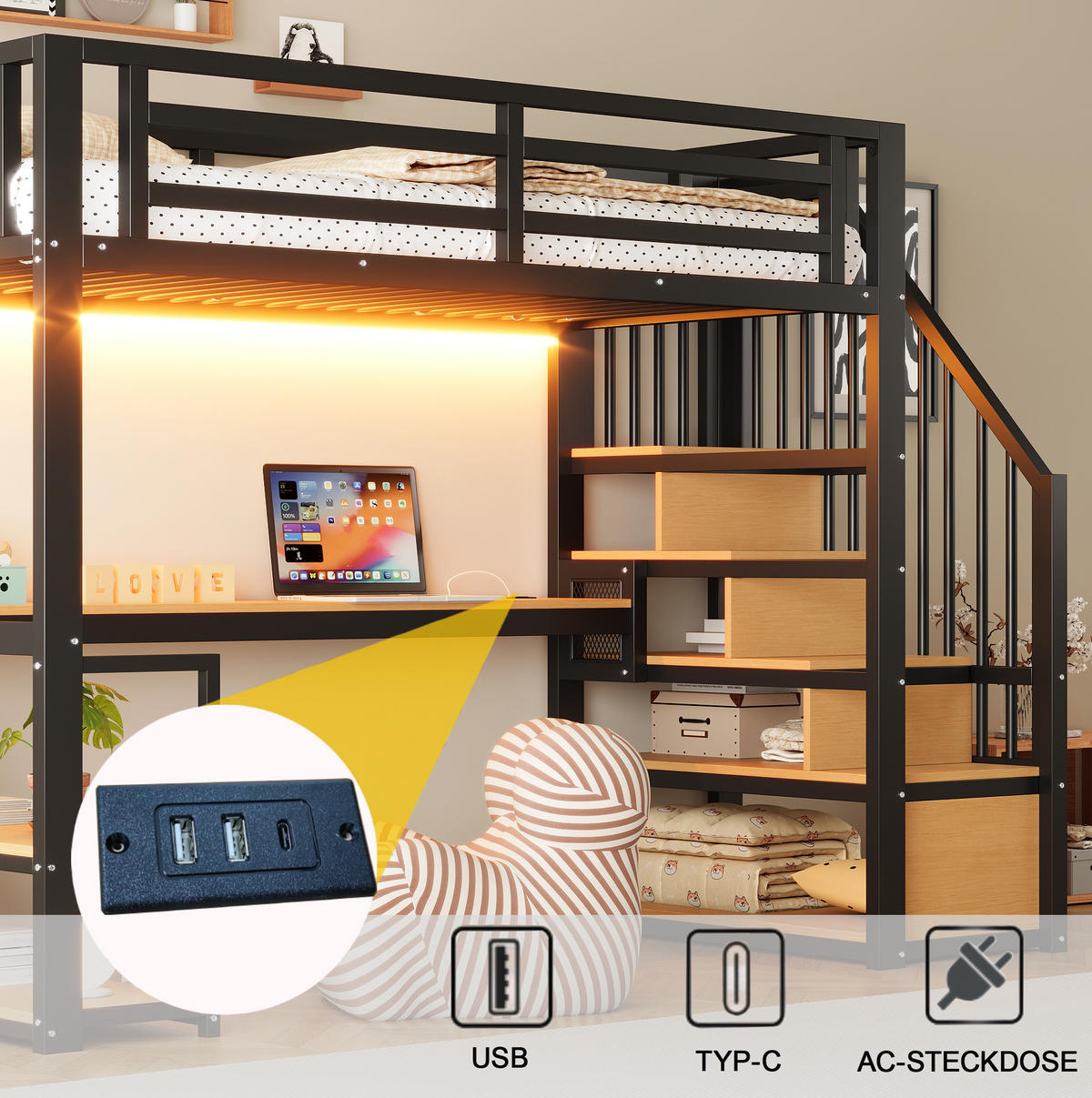 HOCHBETT 90/200 cm aus Metall mit Schreibtisch, Regalen und Leiter, Schwarz - Schwarz, Metall (90/200cm) - OKMYHOME