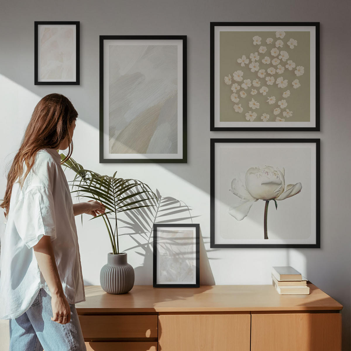 WANDBILDER 5er-Set - 50x50 cm & 20x30 cm & 40x60 cm Schwarzer Rahmen - Blumen, modische Boho-Texturen - Schwarz, Kunststoff (40/60cm) - ArtPrintCave