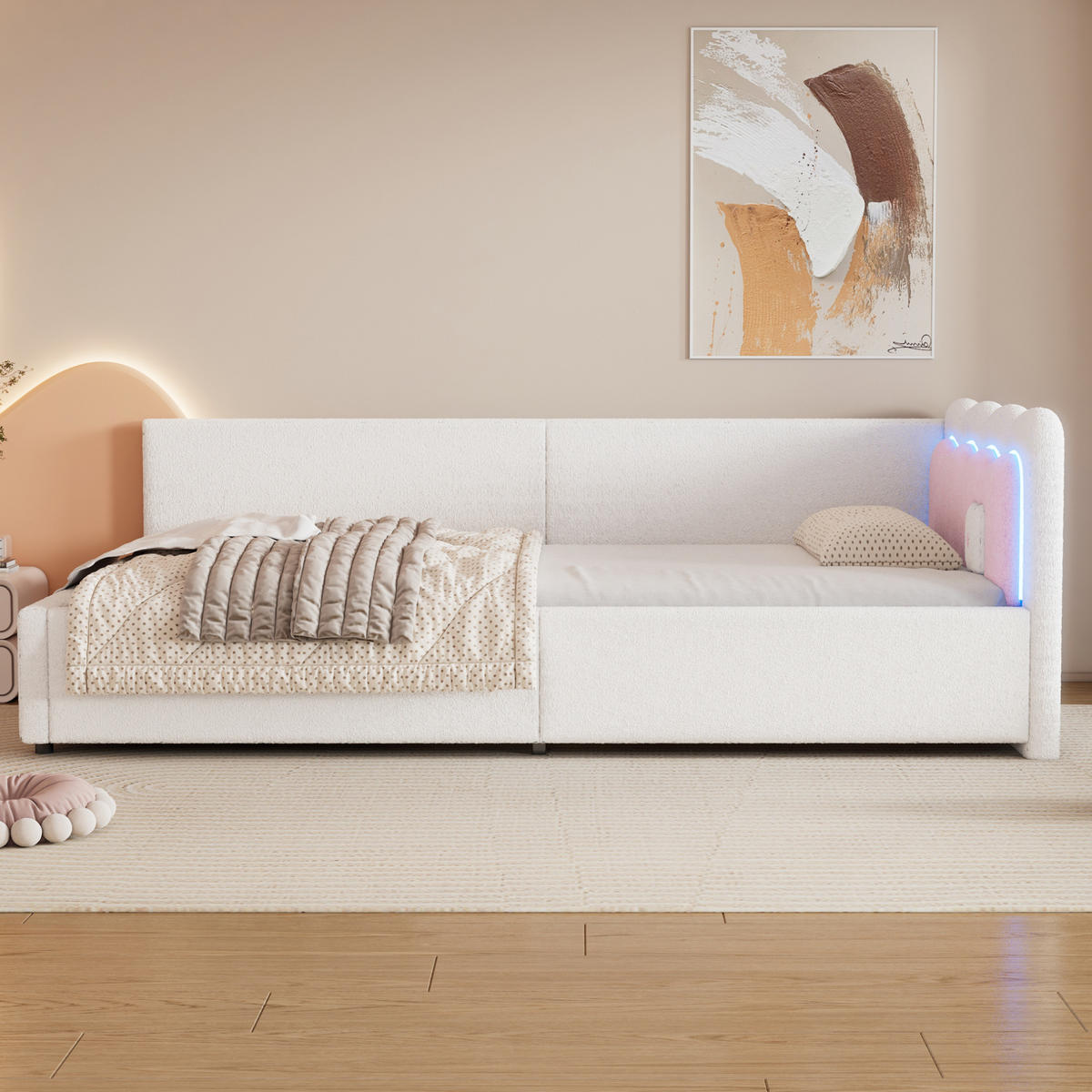 KREVET 90/200 cm s LED osvjetljenjem i kontrastnim uzglavljem od baršunaste tkanine, Bijela - bijela, tekstil (90/200cm) - Redom