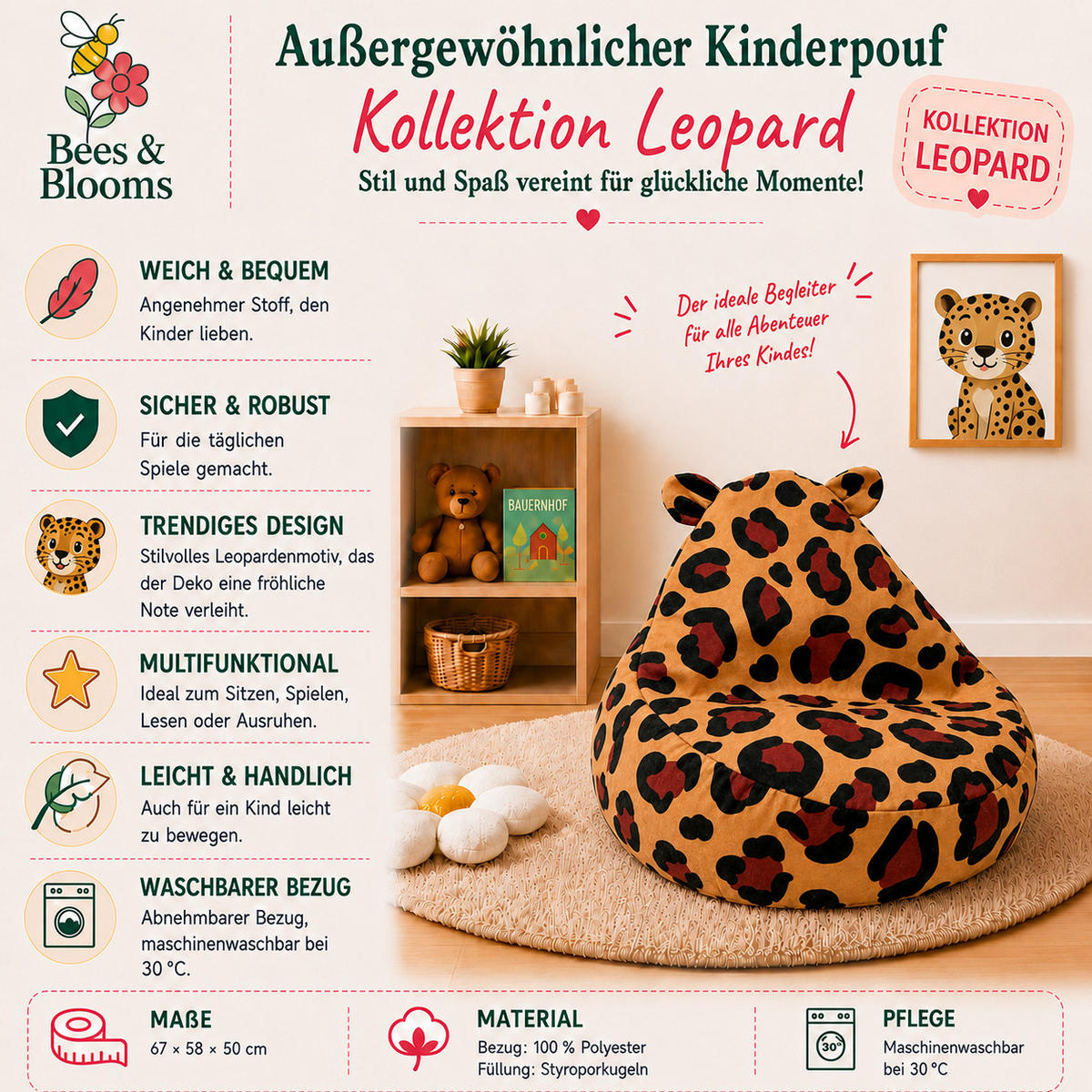 KINDER-SITZSACK Leopard mit Ohren – weicher Beanbag-Sessel zum Spielen und Entspannen - Schwarz, Textil (58/50/67cm) - Bees & Blooms