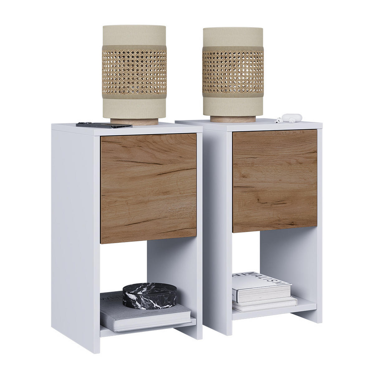 NACHTTISCH Evo Weiß/Goldkraft Eiche 2er Set - Honigeiche/Weiß, Holzwerkstoff (30/55/30cm) - Vicco