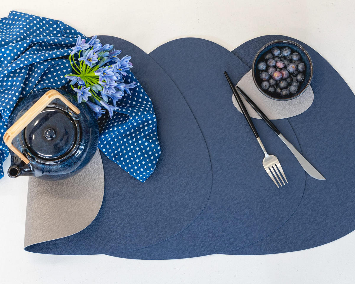 UNTERSETZER - Veganes Leder - Grau / Blau - Organic - doppelseitig - 13 x 11 cm - 6 Stück - Blau, Kunststoff (11/13cm) - Cookinglife