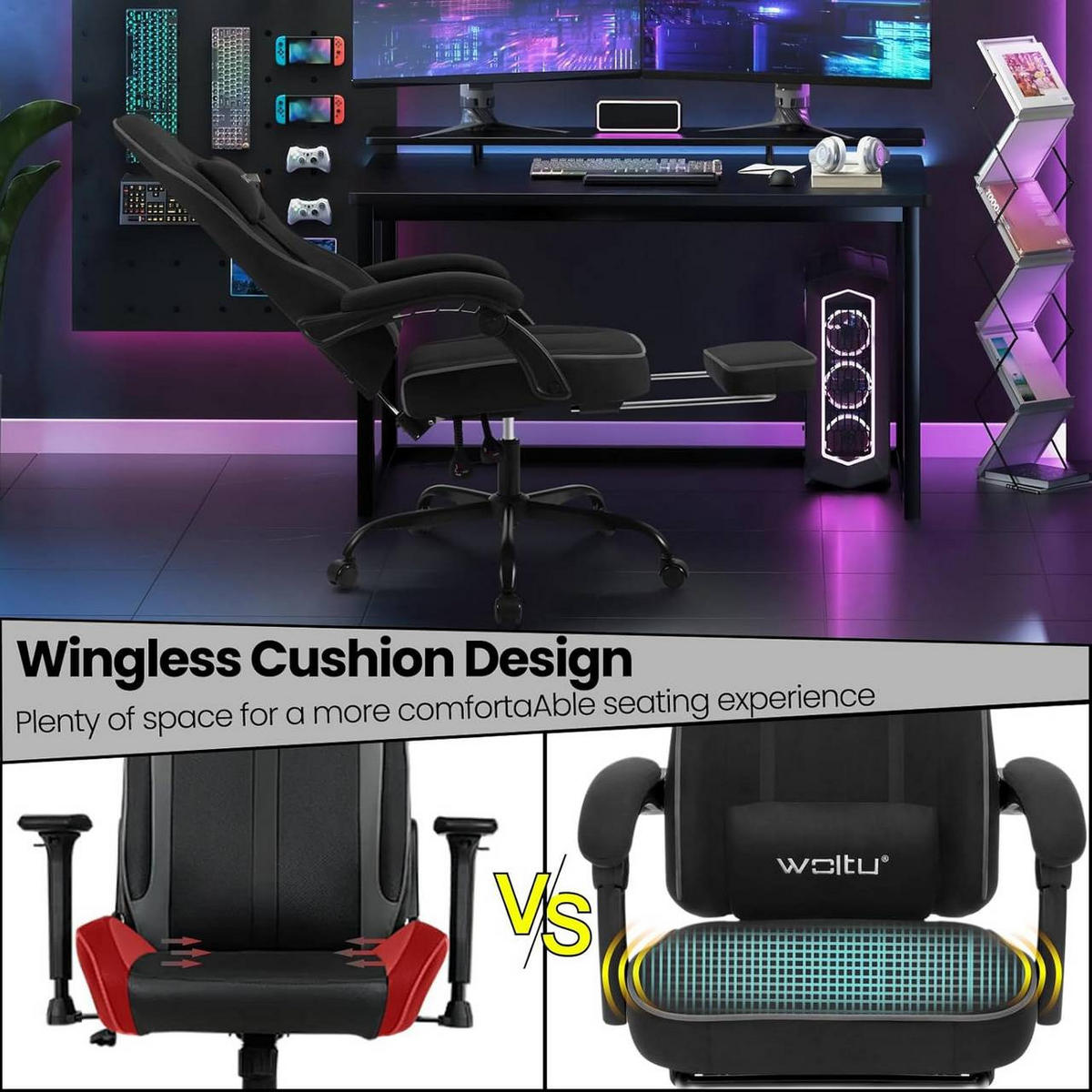 GAMINGSTUHL Drehstuhl, Tech-Stoff, Schwarz - Schwarz, Kunststoff/Textil (63.5/117.5/60cm) - Woltu