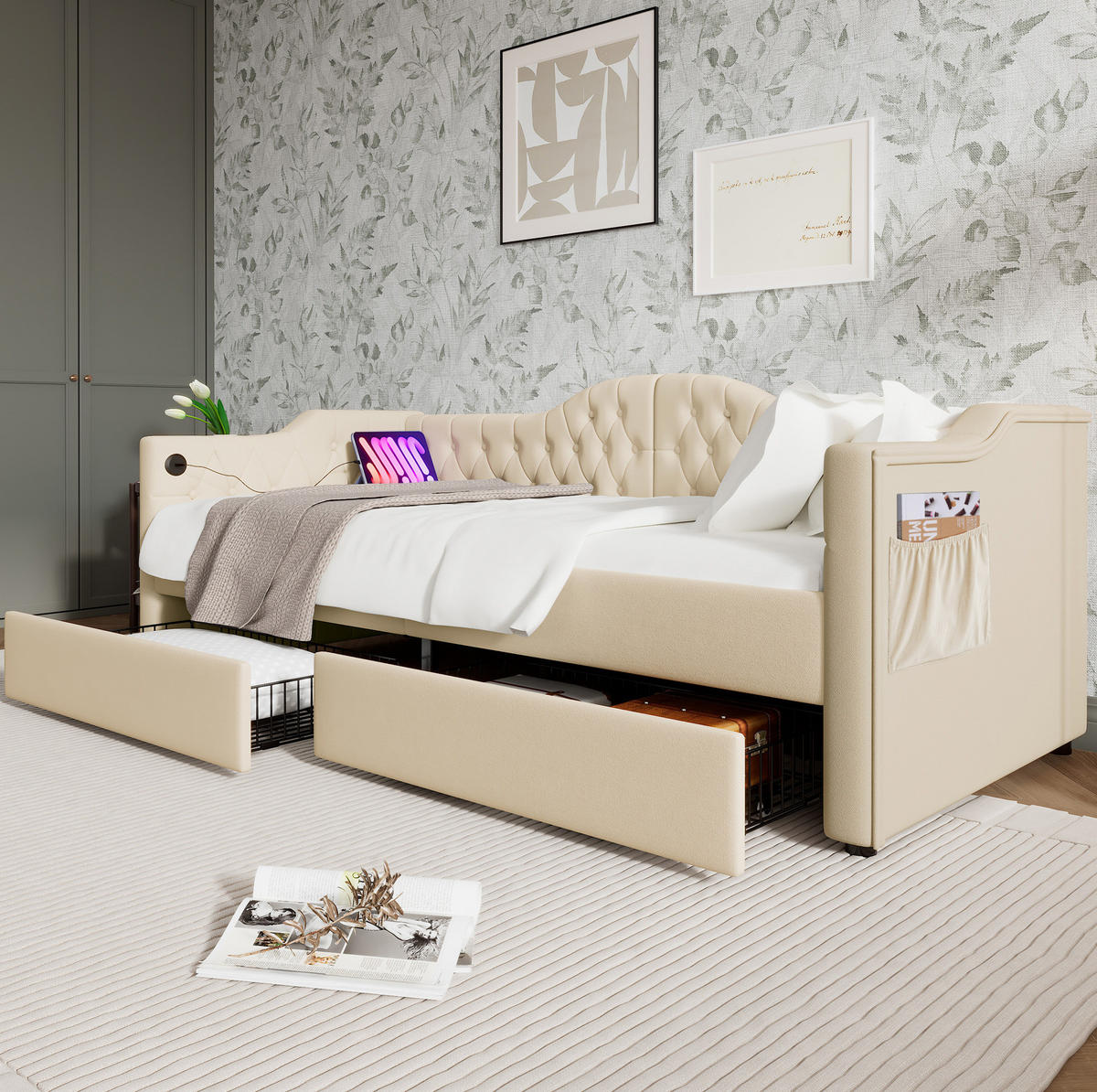 POLSTERBETT 90/200 cm Beige mit USB- und Type-C-Anschlüssen und 2 Schubladen - Beige, Textil (90/200cm) - OKWISH