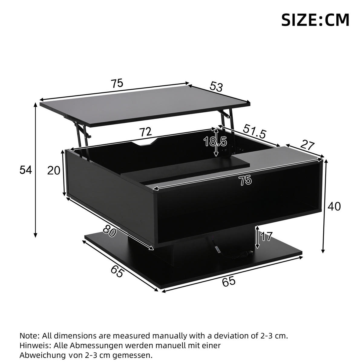 COUCHTISCH 80/75/40 cm schwarz aus Spanplatte mit LED und Stauraum - Schwarz, Holzwerkstoff (80/75/40cm) - OKMYHOME