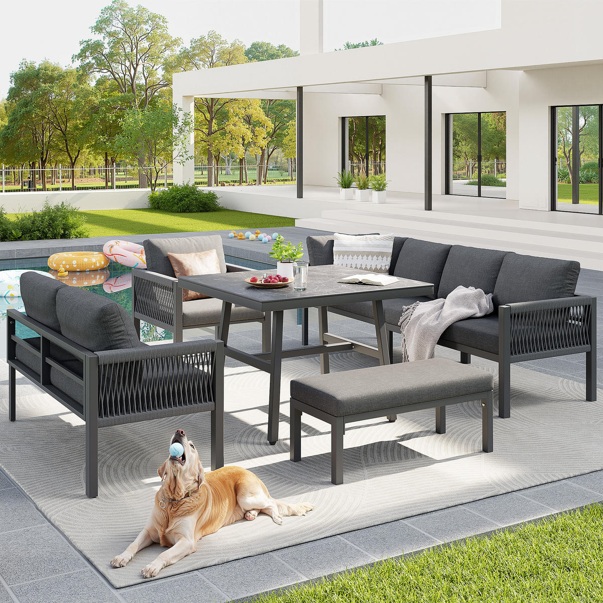 GARTENSETS aus Stahl 118x61x80cm Grau mit Glastisch & 8 cm Polstern - Grau, Metall - Modfu