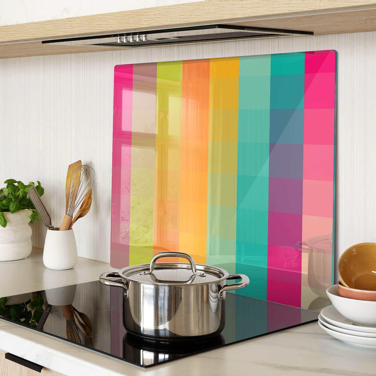 GLASPLATTE 60x52 cm Farbige Quadrate - Weiß Hochglanz/Schwarz, Glas (60/0.4/52cm) - TULUP