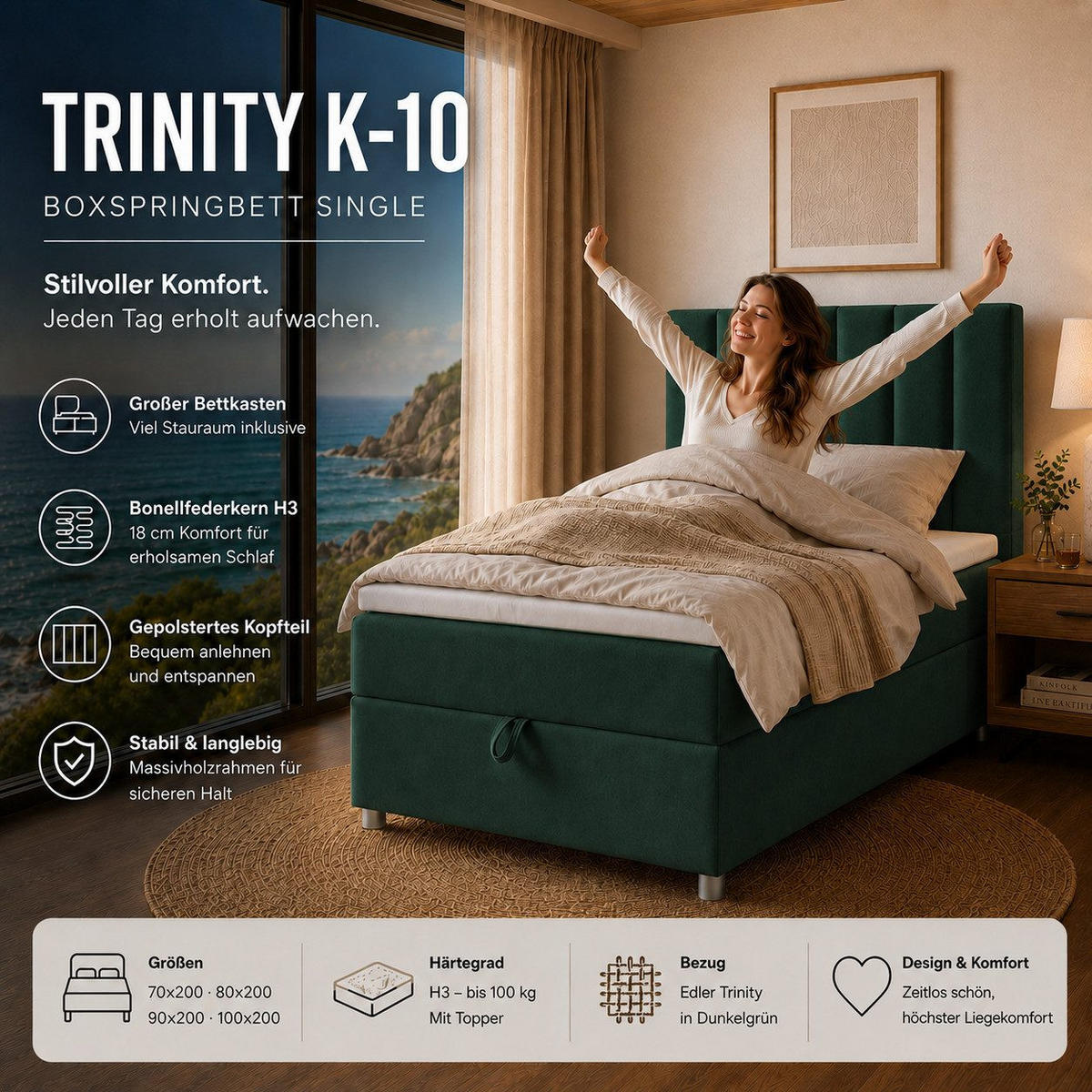 BOXBETT mit Bettkasten Trinity K-10 SINGLE Bonellfederkern inkl. Topper - Grün, Holz/Holzwerkstoff (90/200cm) - Best For Home