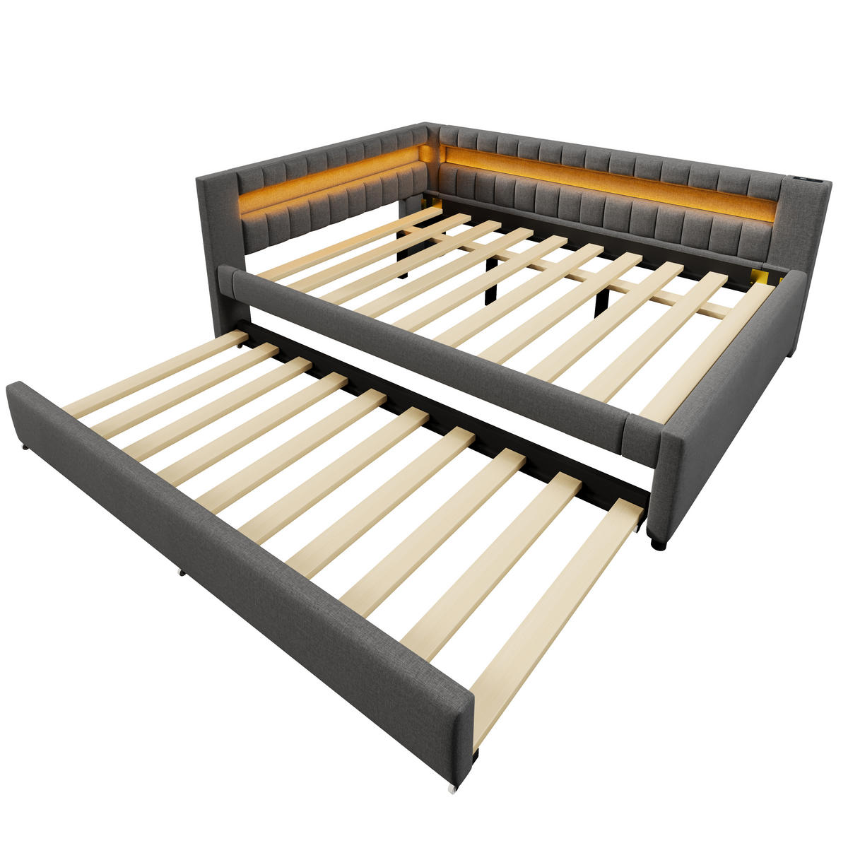 POLSTERBETT aus Leinen 140x200 cm in Grau mit LED & Ausziehbett - Grau, Textil (140/200cm) - Modfu