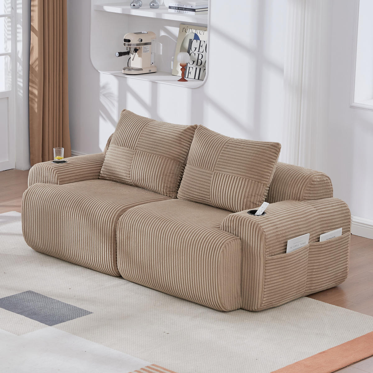 2-SITZER Sofa Cord mit Getränkehalter und Seitentasche 200/99/80 cm Sandfarben - Sandfarben, Textil (99/80/200cm) - Redom