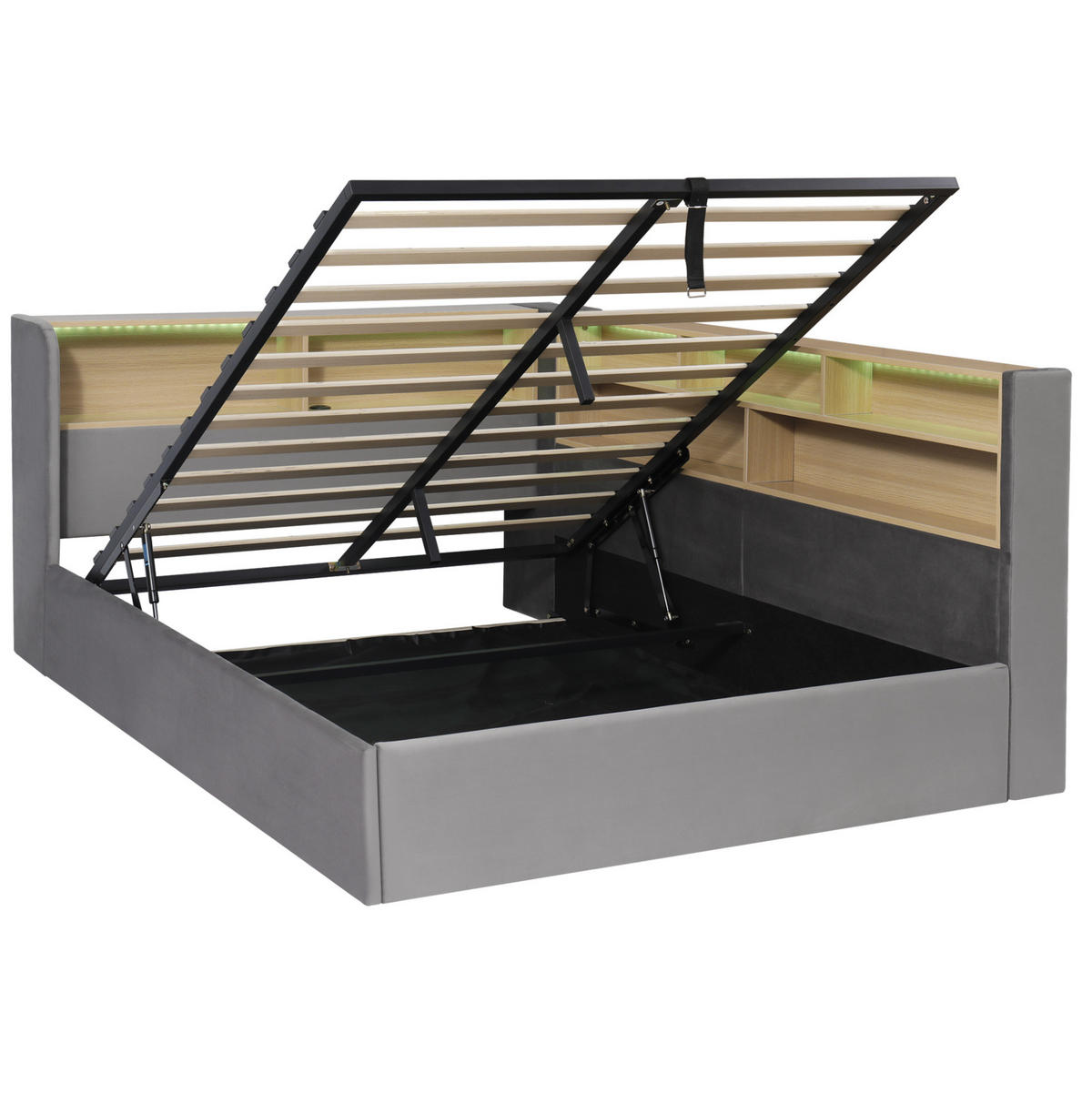 STAURAUMBETT 140/200 cm Grau mit Hydraulik, LED, USB, ohne Matratze - Grau, Textil (140/200cm) - MIVRAY