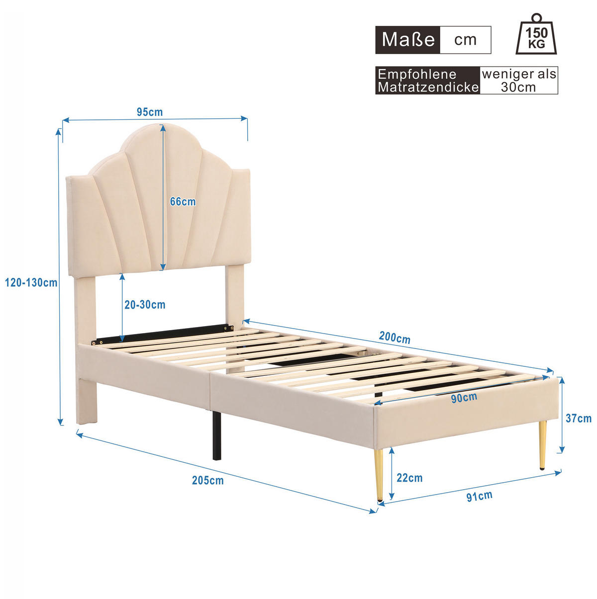 POLSTERBETT 90/200 cm Beige aus Samt mit verstellbarem Kopfteil - Beige, Textil (90/200cm) - Flora Grace