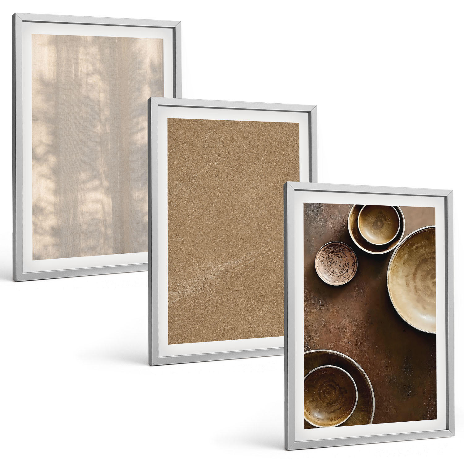BILDER SET 3er Set - 40x60 cm Silberner Rahmen - Minimalistische Texturstrukturen - Silberfarben, Kunststoff (40/60cm) - TULUP