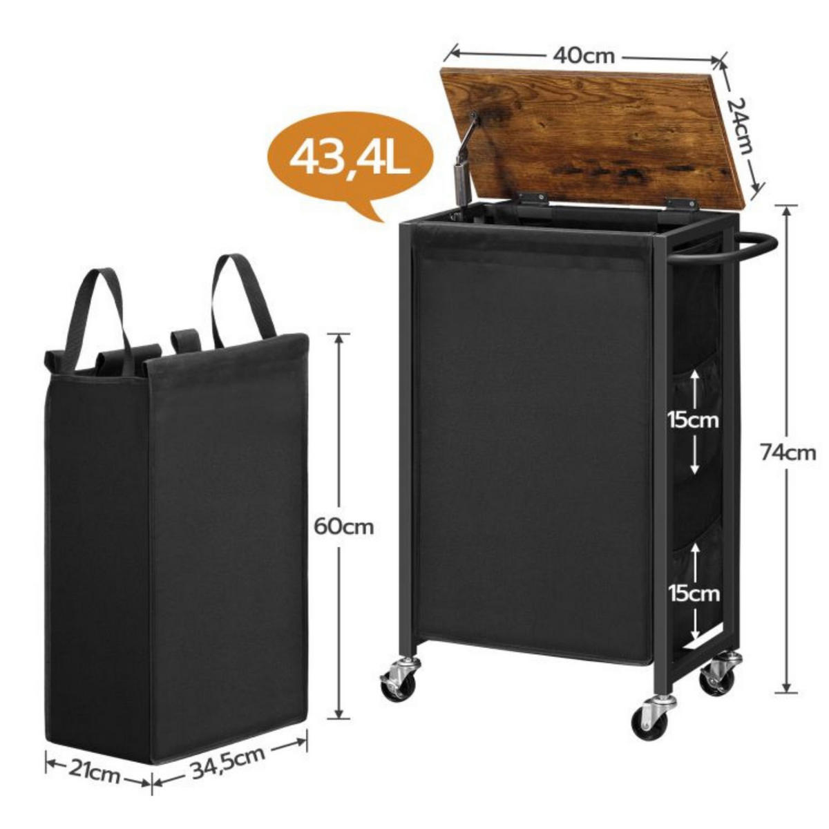 WÄSCHESORTIERER braun Platzsparender Wäschekorb - Greige/Schwarz, Holzwerkstoff (24/74/40cm) - Hoobro