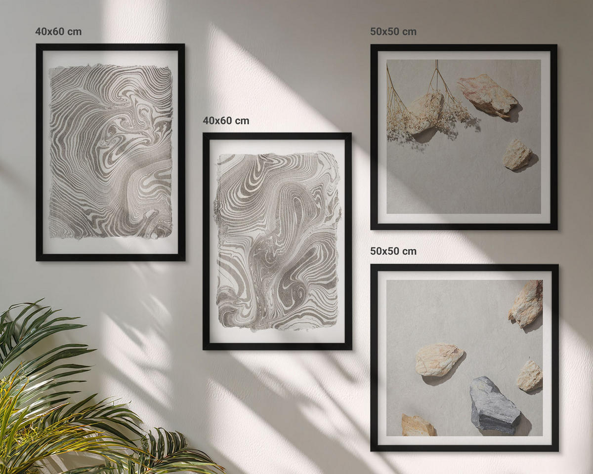 WANDBILDER 4er-Set - 50x50 cm & 40x60 cm Schwarzer Rahmen - Moderne abstrakte Formen - Schwarz, Kunststoff (50/50cm) - ArtPrintCave