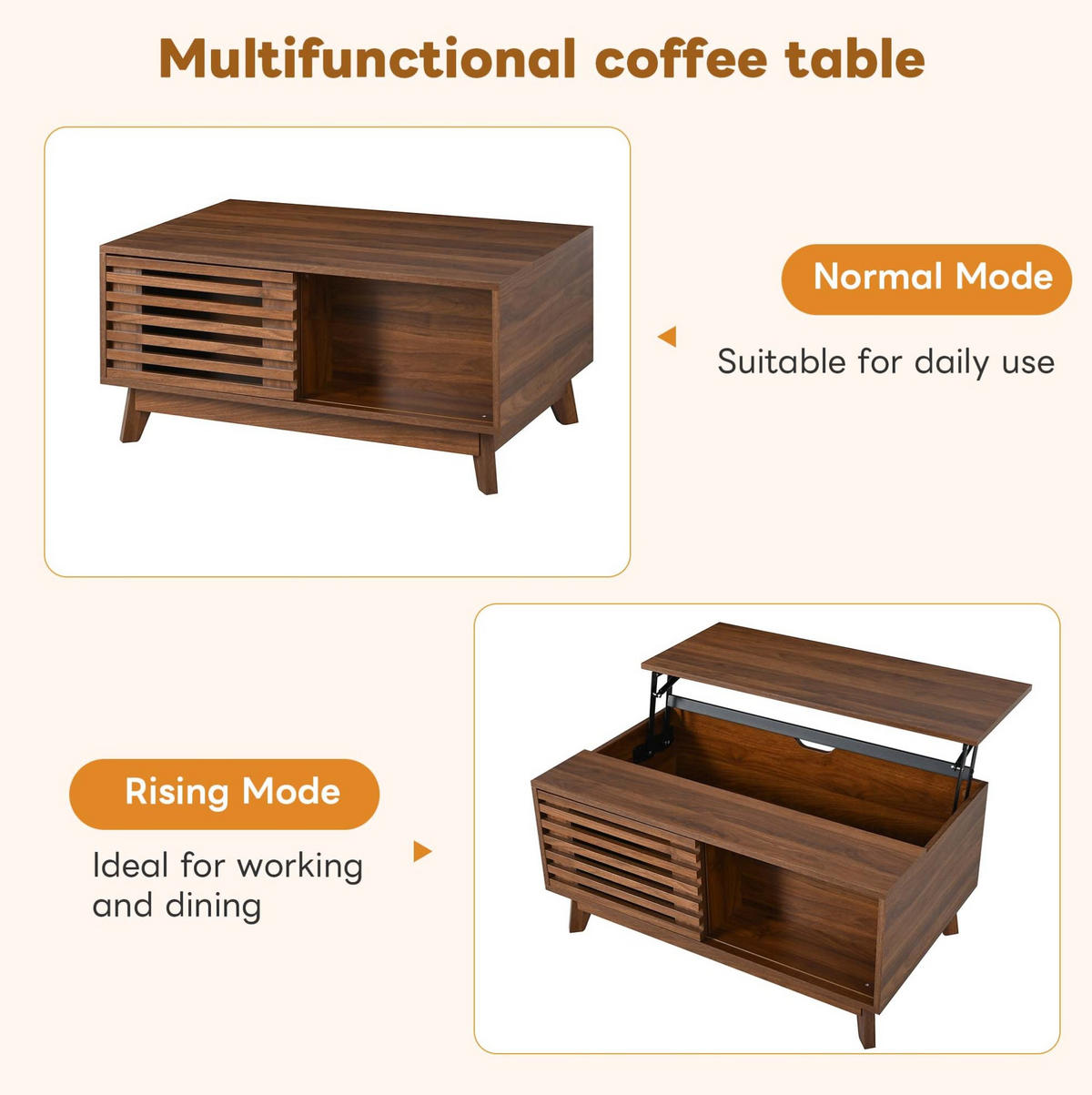 COUCHTISCH aus MDF 90x55x57,5 cm in Nussbaum mit höhenverstellbarer Platte - Nussbaumfarben, Holzwerkstoff (90/55/57.5cm) - Modfu