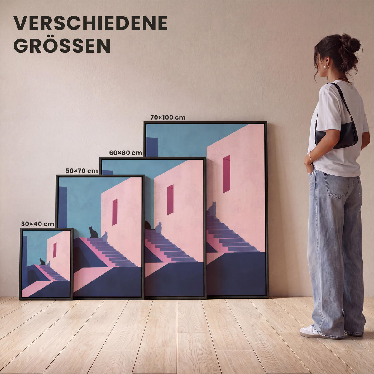 LEINWAND Bilder mit Rahmen - Katze - Treppe - Gebäude - Schattenkontraste - 30x40 - Dunkelblau, Textil (30/40cm) - MuchoWow