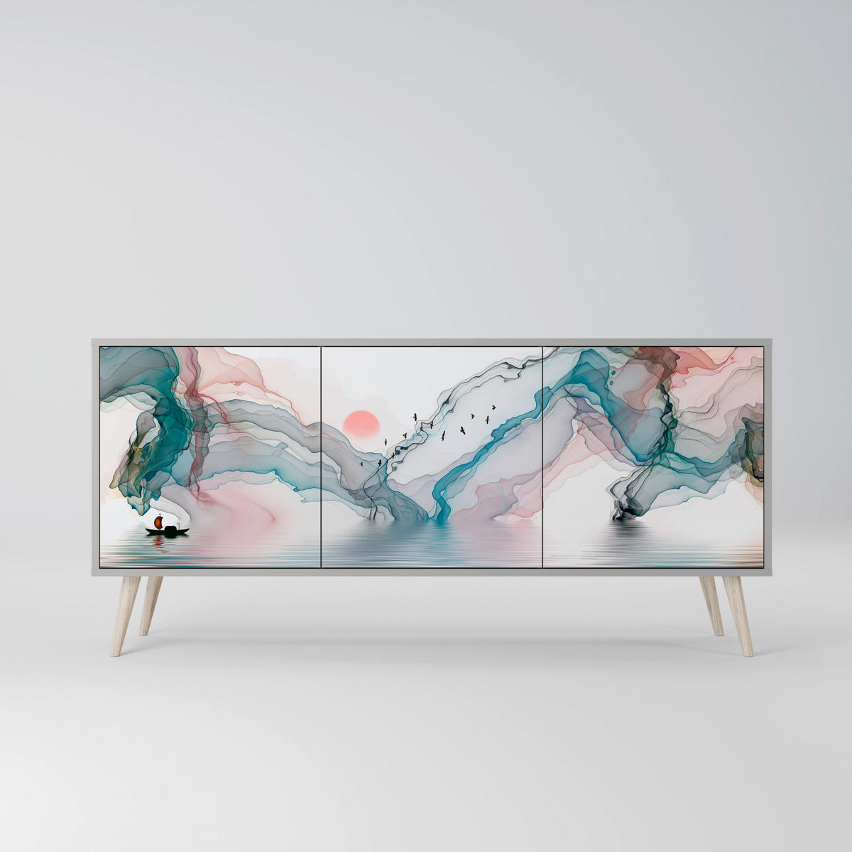 SIDEBOARD VELVET CROSSING, Graue Oberfläche, 164,5x42x72,5 cm, 3 Türen - Schwarz/Grau, Holzwerkstoff/Metall (164.5/72.5/42cm) - SpaceRebels