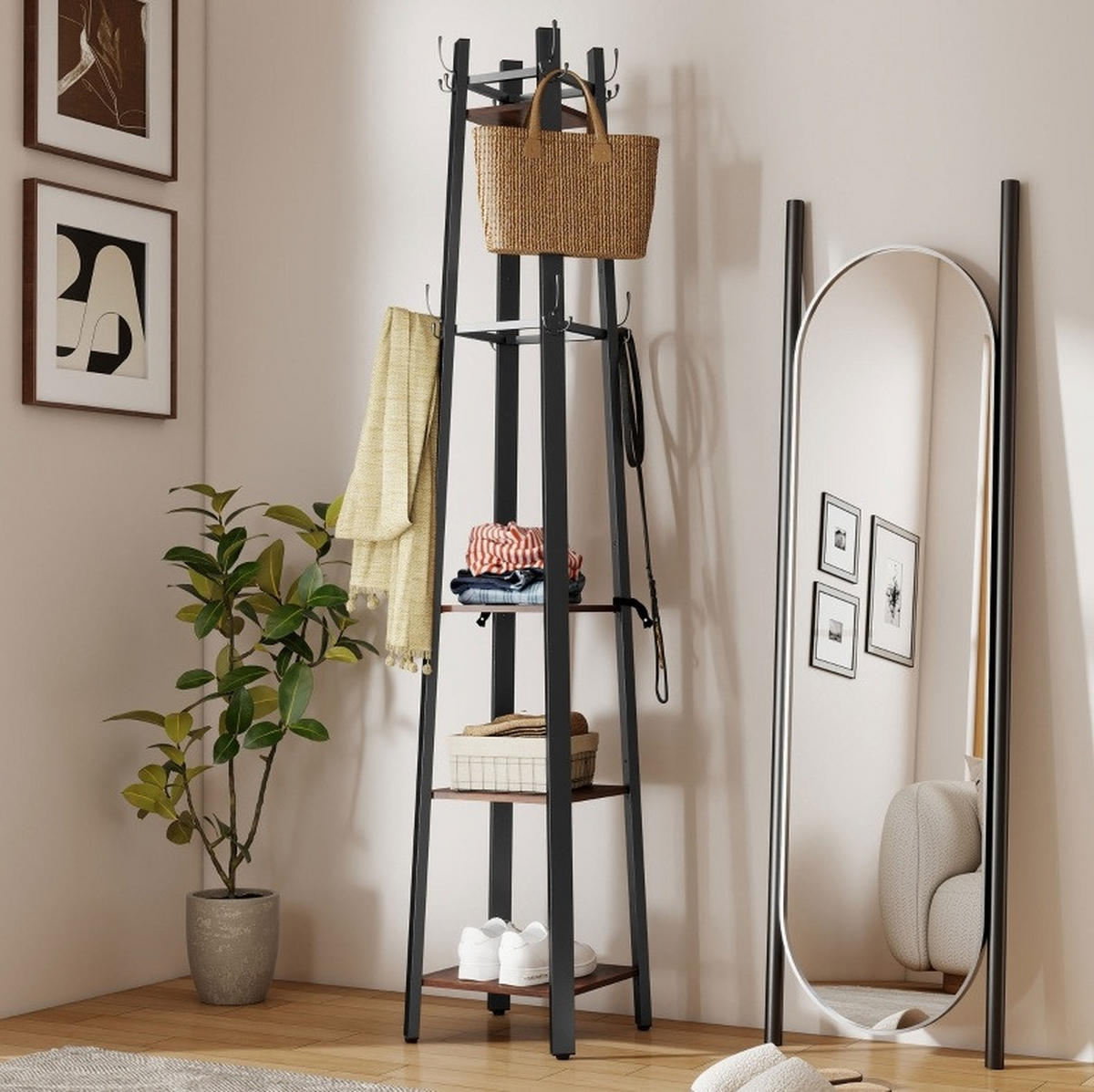 STANDGARDEROBE mit 8 Haken und 4 Ablagen, Industrial-Look, 34,8/34,8/179 cm - Braun, Holz (34.8/179/34.8cm) - BEAOK