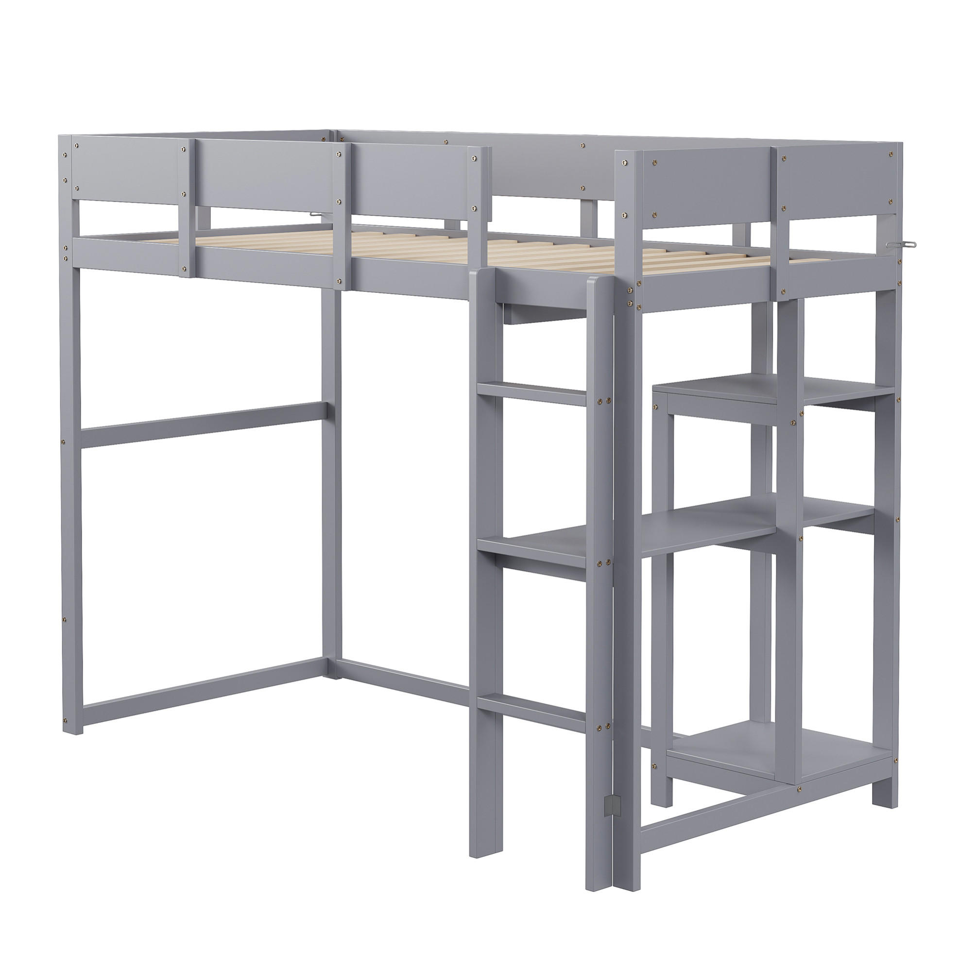 HOCHBETT 90/200 cm mit Ablageregal und Schutzgeländern aus massivem Kiefern, Grau - Grau, Holzwerkstoff (90/200cm) - Redom