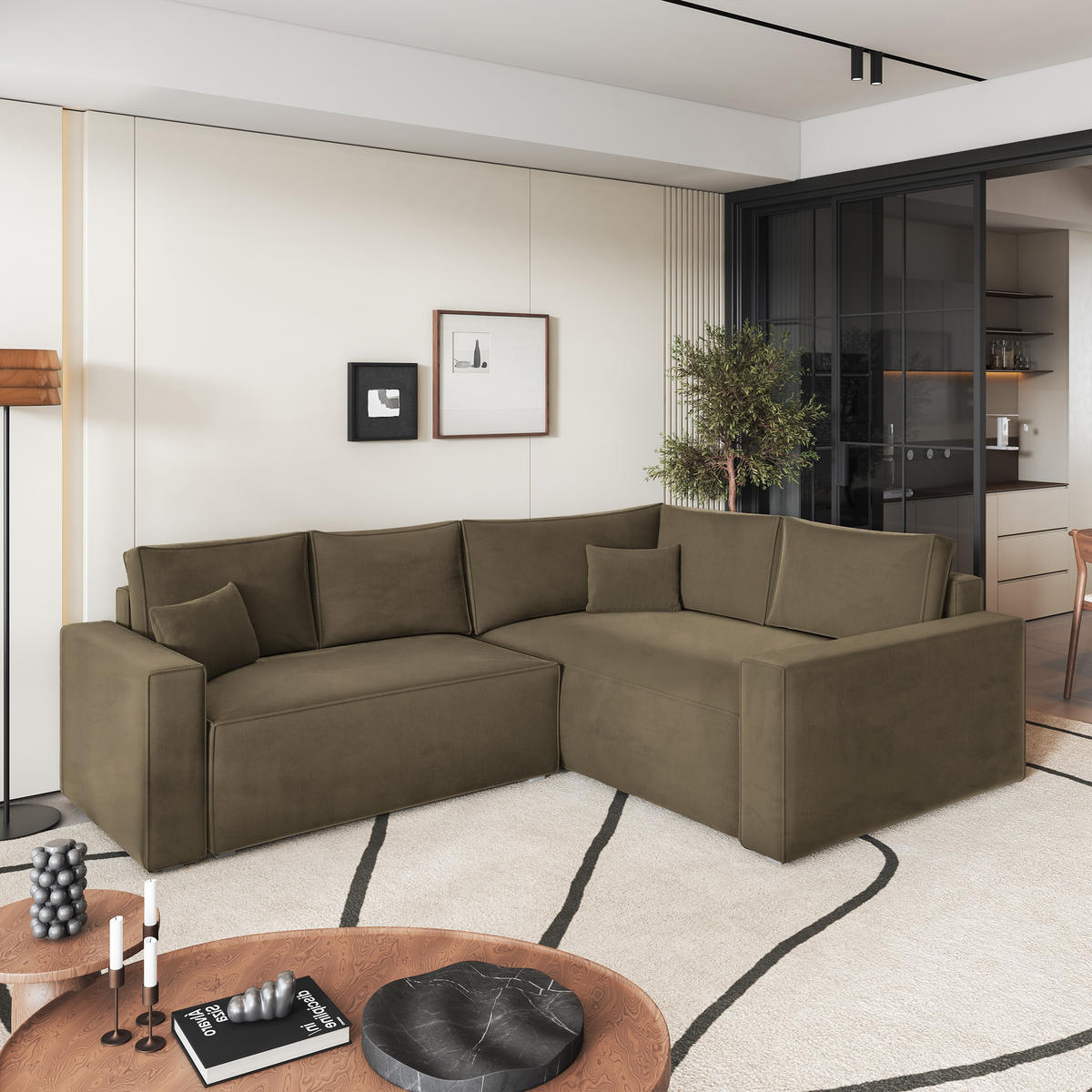 ECKSOFA ERONIS R-S Beige Velours-Stoff mit Schlaffunktion - Beige, Holz (265/194cm) - MASSENO