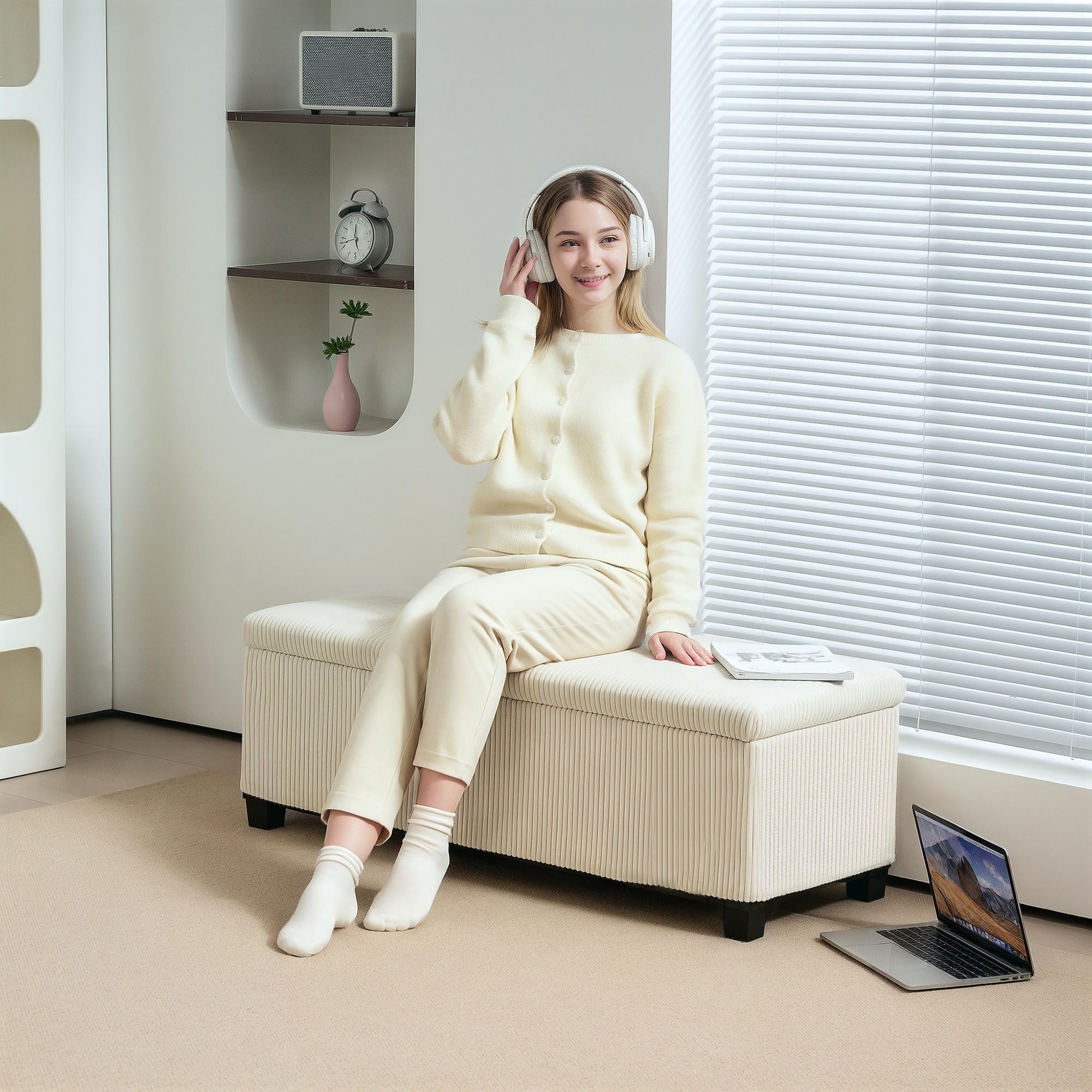 SITZBANK mit Stauraum, Flur 112 x 42 x 40 cm, Beige - Beige, Metall (112/40/42cm) - HOMCOM