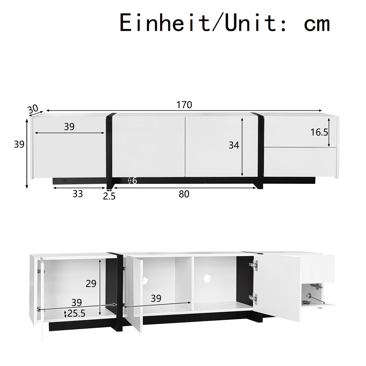 TV-SCHRANK 170/30/39 cm weiß Hochglanz mit schwarzen Tischbeinen und Stauraum - Weiß, Holzwerkstoff (170/39/30cm) - OKWISH