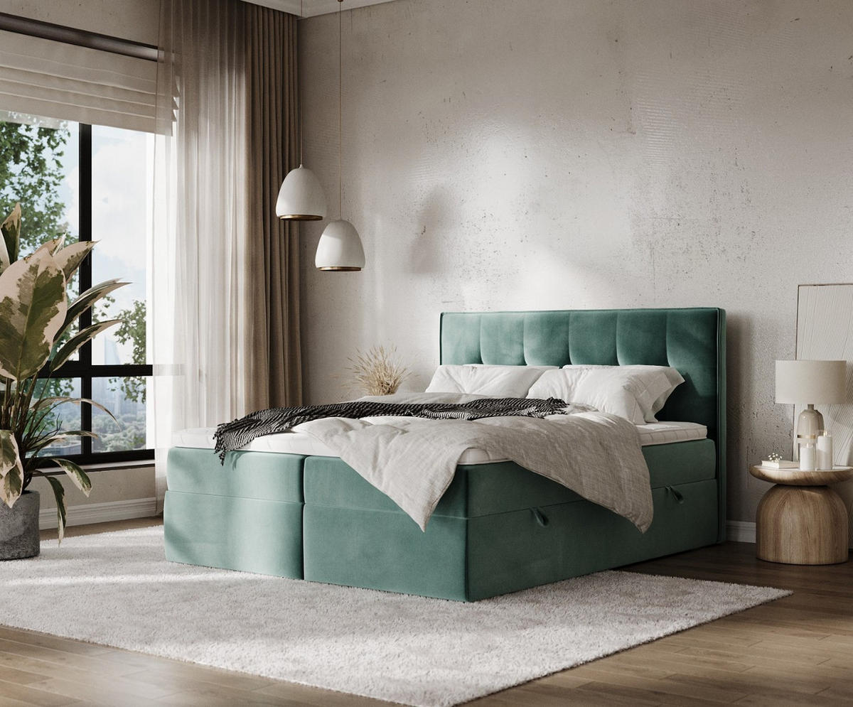 BOXBETT Mireo 140/200 cm Türkis im Kronos Stoff - Türkis/Schwarz, Holz/Holzwerkstoff (140/200cm) - AltaBeds