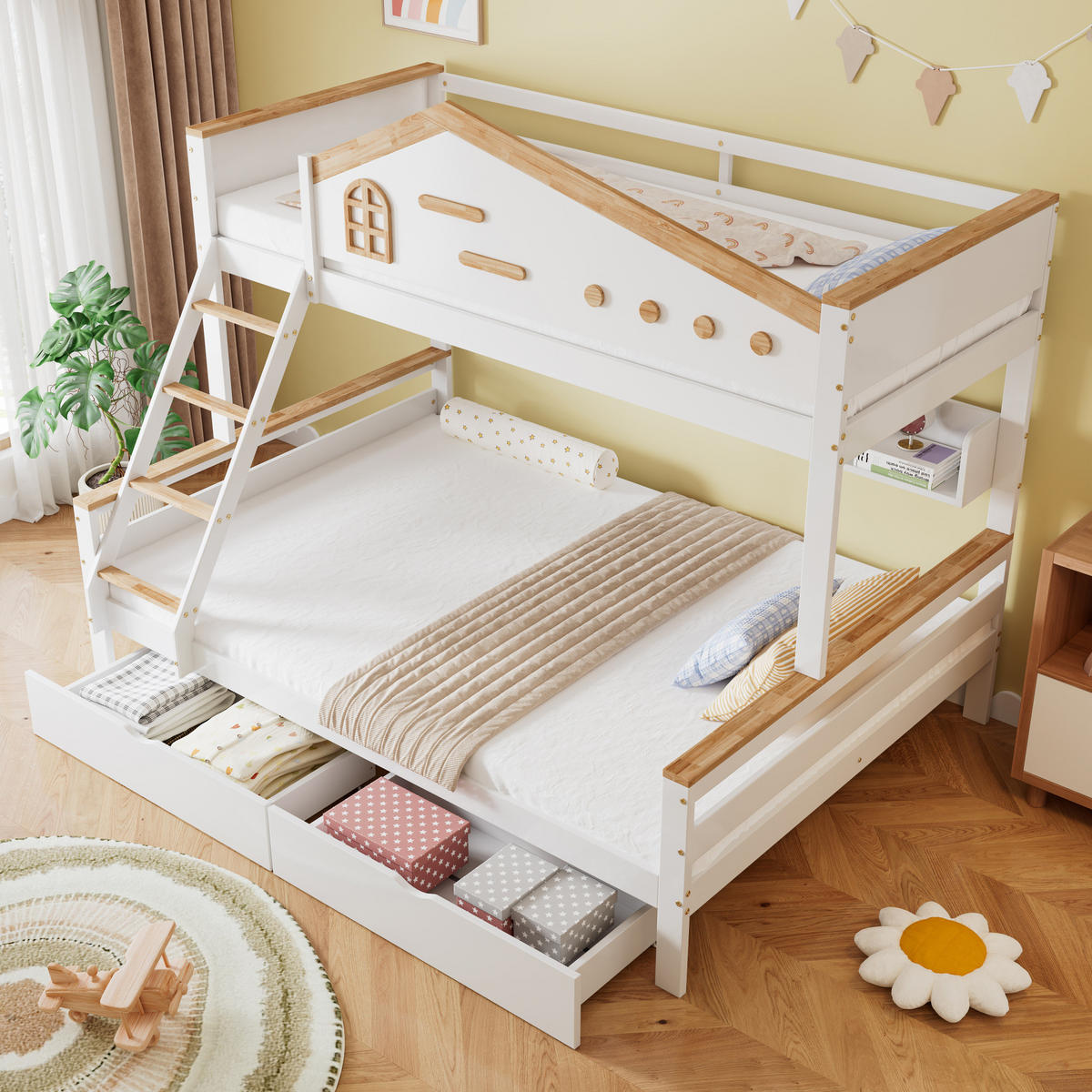 ETAGENBETT 90/200 & 140/200 cm aus Kiefer und MDF mit Regalen, 2 Schubladen und Schrägleiter, Weiß/Natur - Weiß, Holzwerkstoff (90/200cm) - Redom