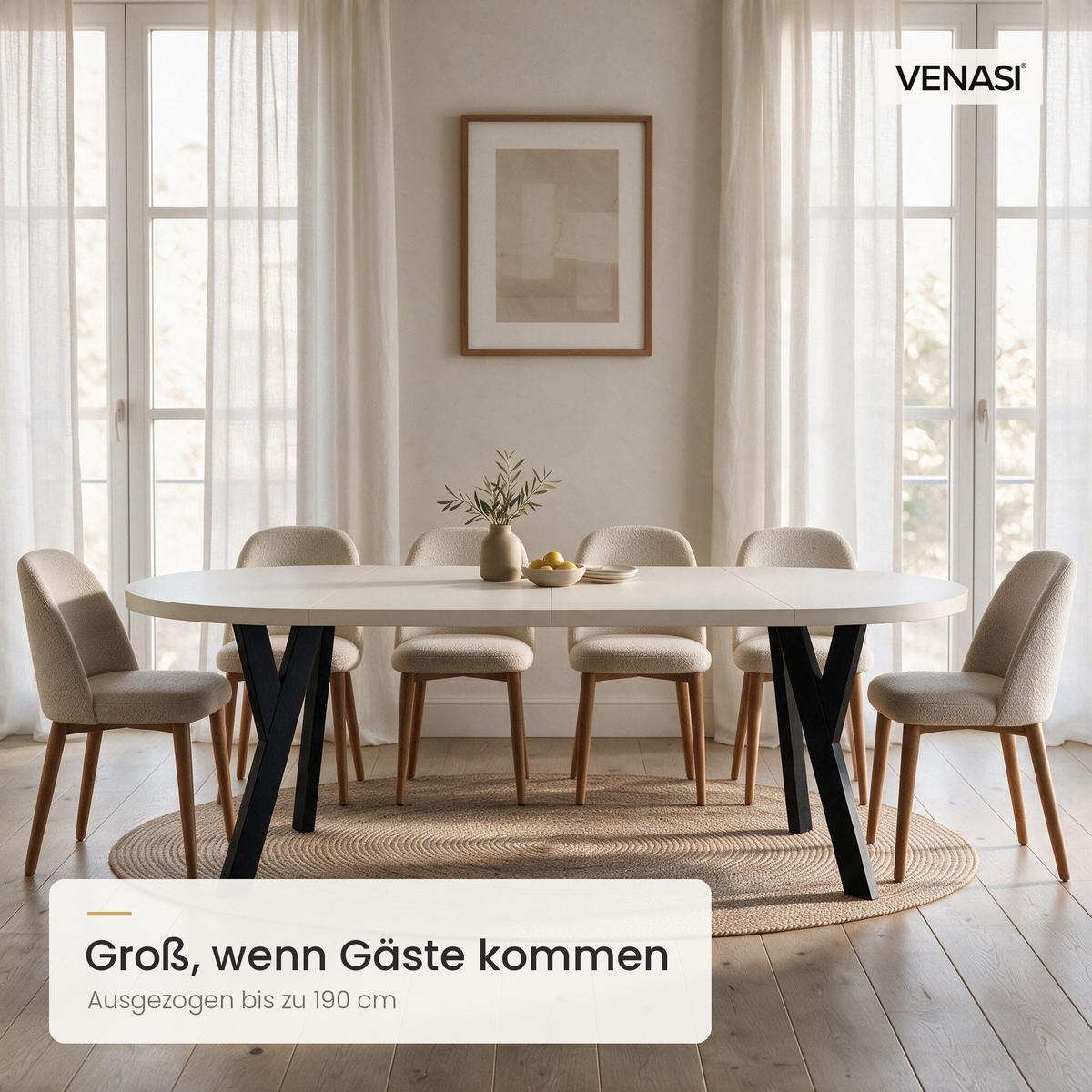 ESSTISCH ausziehbar rund 90-190 cm ATO Weiß, Auszugstisch mit Einlegeplatte - Schwarz/Weiß, Holzwerkstoff (90/90/77cm) - VENASI MÖBEL