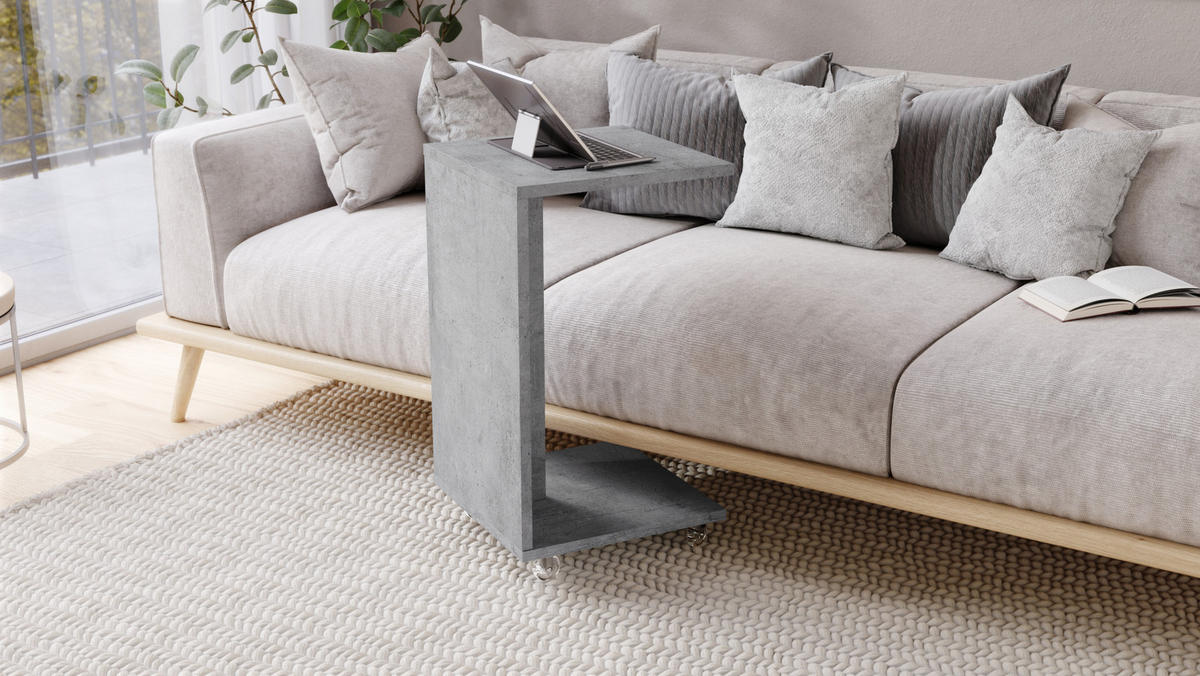 BEISTELLTISCH Rechteckig Betonoptik mit Ablage und Rollen - Grau, Holzwerkstoff (40/40/66cm) - designimpex