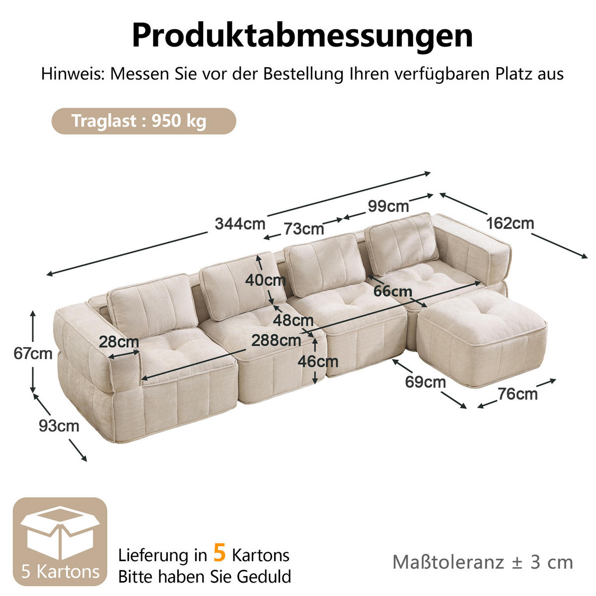 ECKSOFA 344/162/67 cm Beige mit 1 Fußhocker - Beige, Textil (344/162cm) - Oxeza