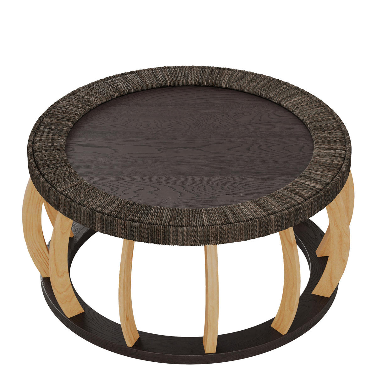 COUCHTISCH 90/90/43 cm aus Massivholz und MDF mit runder Tischplatte und Rattandetail, Schwarzbraun - Schwarz, Holzwerkstoff (90/90/43cm) - Modfu