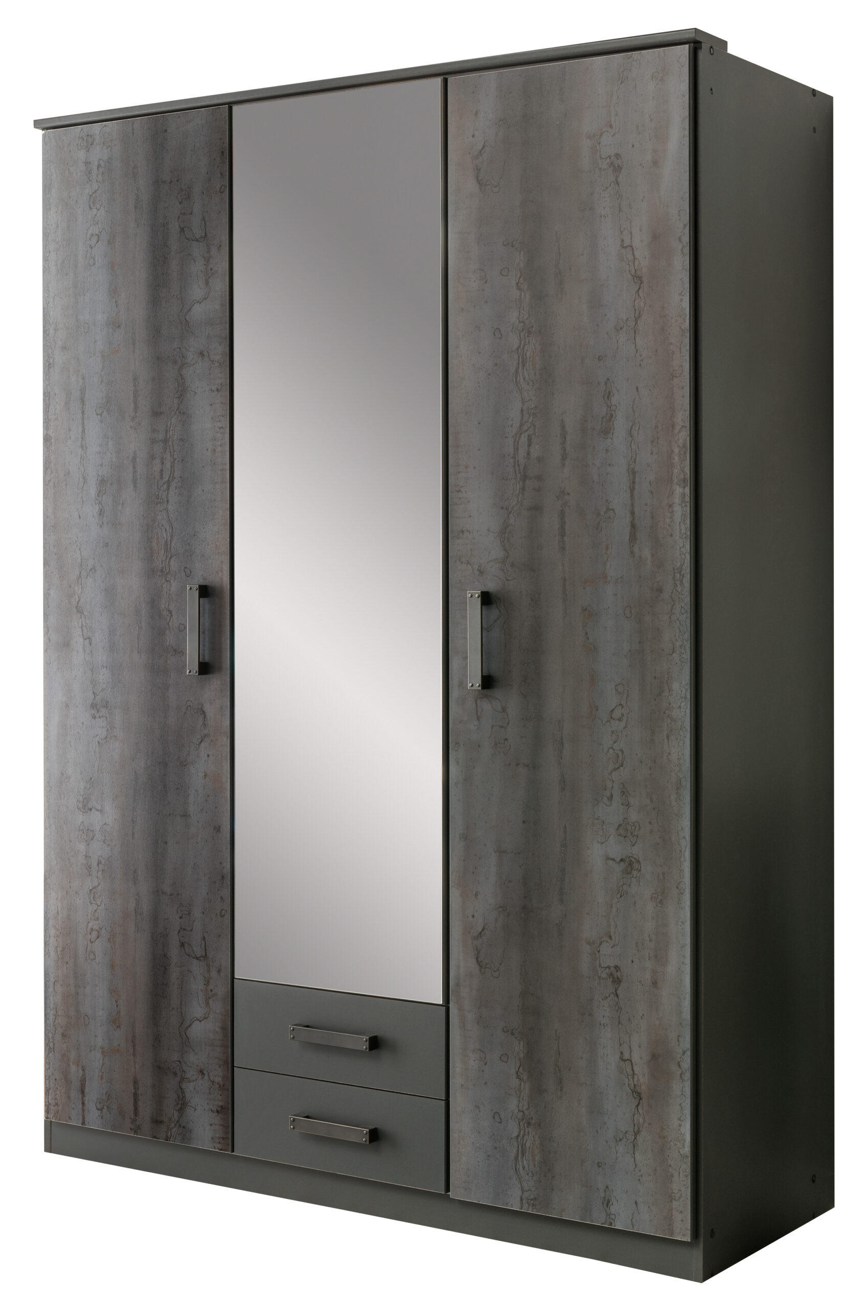 DREHTÜRENSCHRANK Duisburg in Grafit mit Digi-Steel-Optik 135x199x58 cm (BxHxT) – Kleiderschrank mit Spiegel 3 türig - Grau, Holzwerkstoff (80/200/120cm)