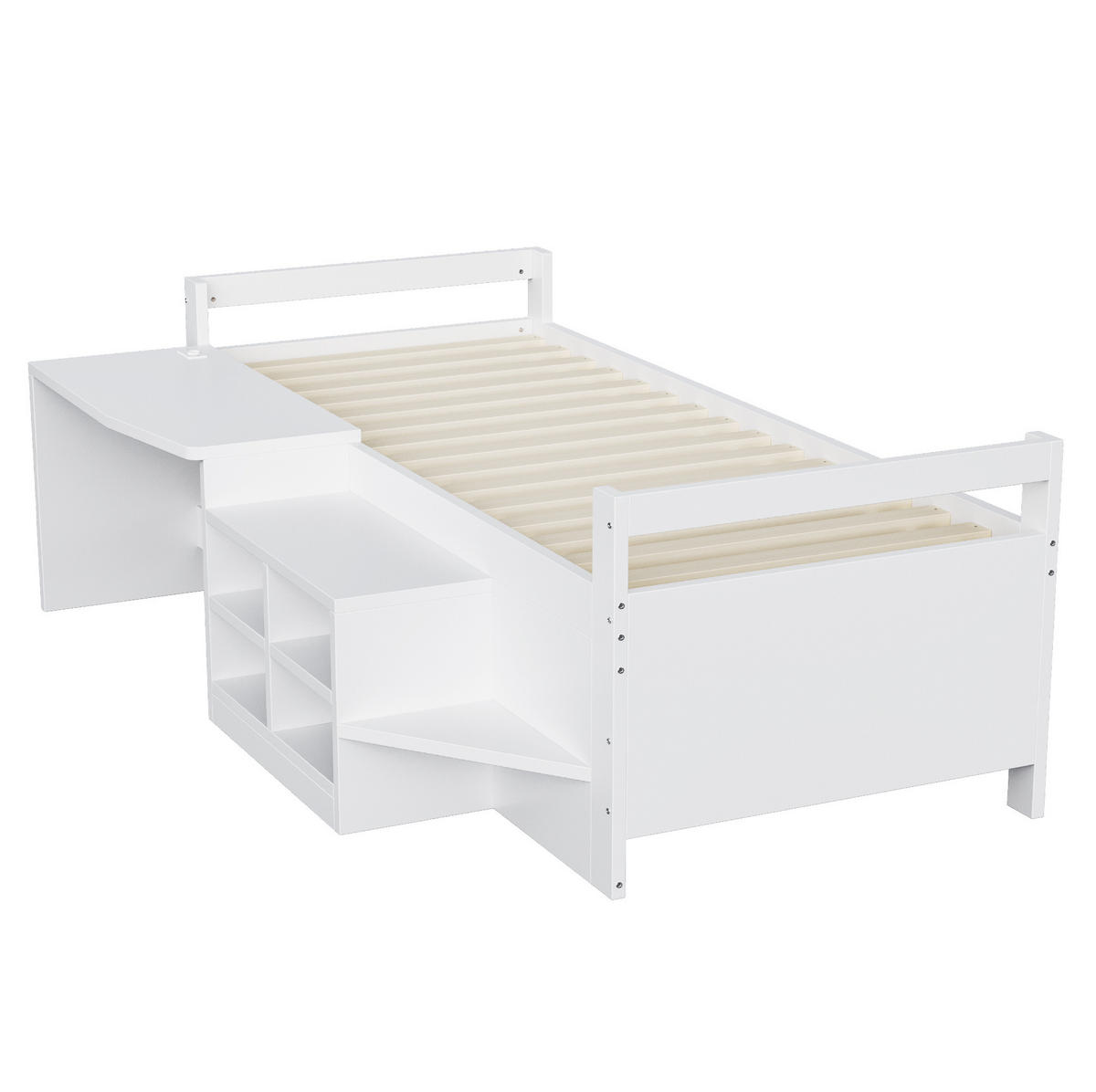 BETT 90/200 cm Weiß mit Schreibtisch, Stauraum und USB-Anschlüssen - Weiß, Holz (90/200cm) - Flora Grace