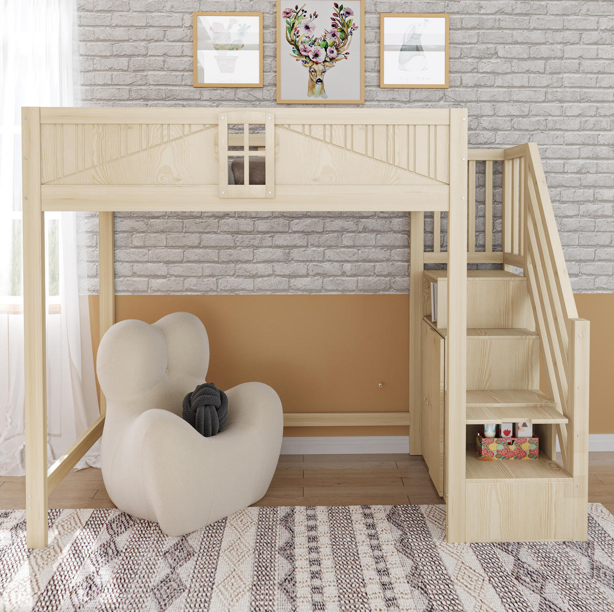 HOCHBETT aus Holz 90x200 cm Naturholz mit Stauraum und beidseitig montierbarer Leiter - Naturfarben, Holzwerkstoff (90/190cm) - IVMEU