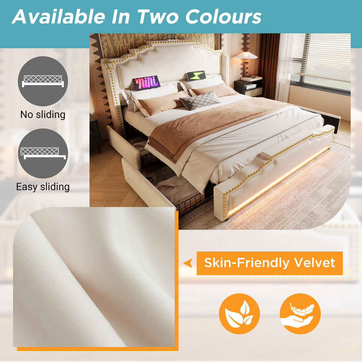 POLSTERBETT 180/200 cm mit LED-Beleuchtung, USB- und Type-C-Anschluss, 4 Schubladen und Lattenrost, Beige - Beige, Textil (180/200cm) - Redom