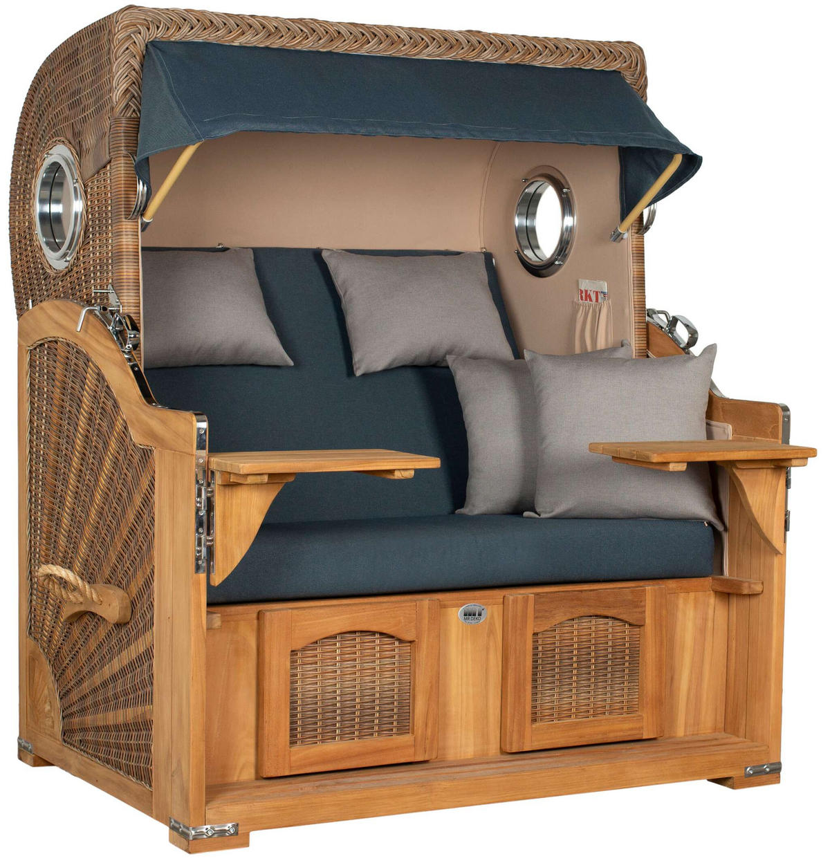 STRANDKORB Komplettset Düne Grande Teak Bullauge PE Banana Dessin 593 - Blau/Braun, Naturmaterialien/Metall (142/170/95cm) - Mr. Deko