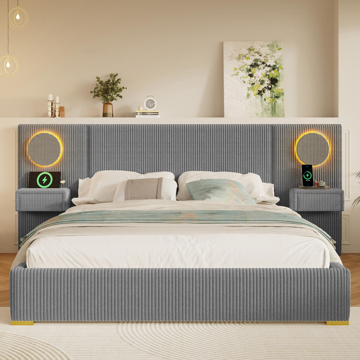 SAMETOVÁ čalouněná postel 180/200 cm s LED čelem, USB porty a nočními stolky se zásuvkami, Šedá - šedá, textil (180/200cm) - Redom